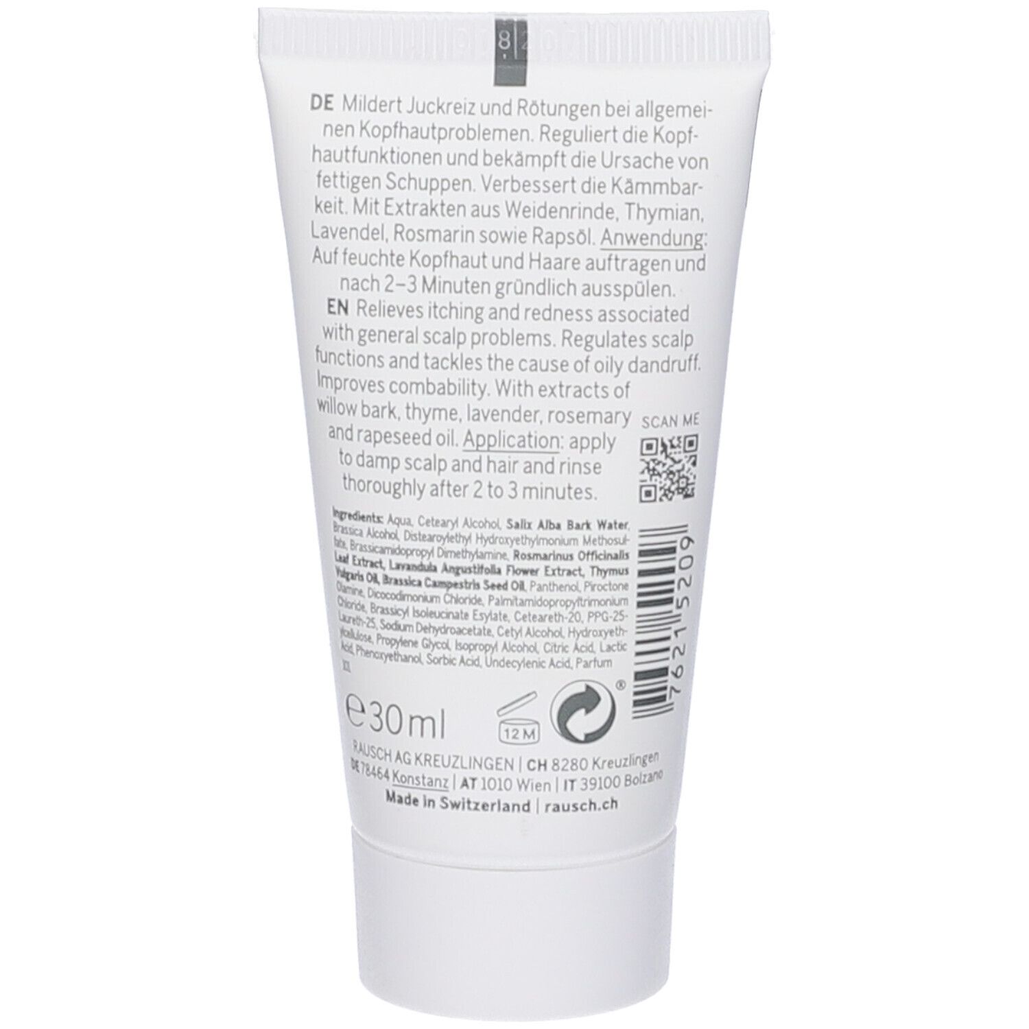 Retro del tubo. Testo in tedesco e inglese. Ingredienti e codice QR. Volume: 30 ml. Prodotto in Svizzera. Simbolo di durata: 12M.