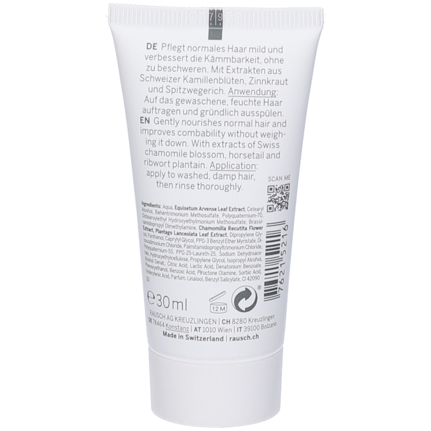 Retro del tubo. Testo in tedesco e inglese. Ingredienti e codice QR. Volume: 30ml. Prodotto in Svizzera.
