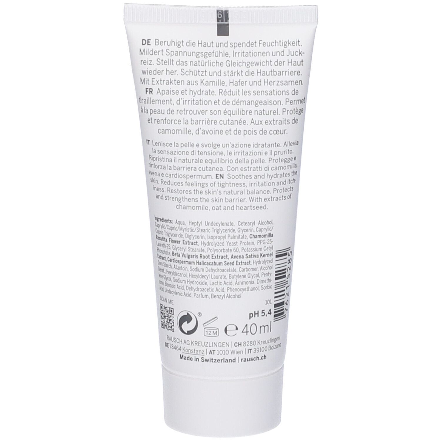 Retro del tubo. Testo in tedesco, francese, italiano e inglese. Contiene informazioni sull'uso e sugli ingredienti.