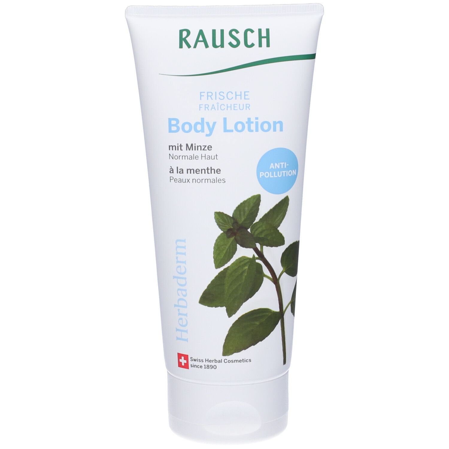 Tubo bianco RAUSCH con scritta Body Lotion, alla menta, pelli normali. Immagine di menta. Logo anti-inquinamento.