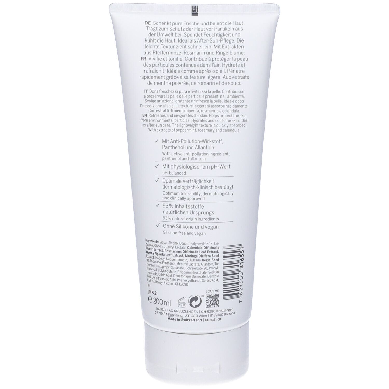 Retro del tubo. Informazioni: ingredienti, pH, anti-inquinamento, senza siliconi e vegano. Contenuto 200ml.