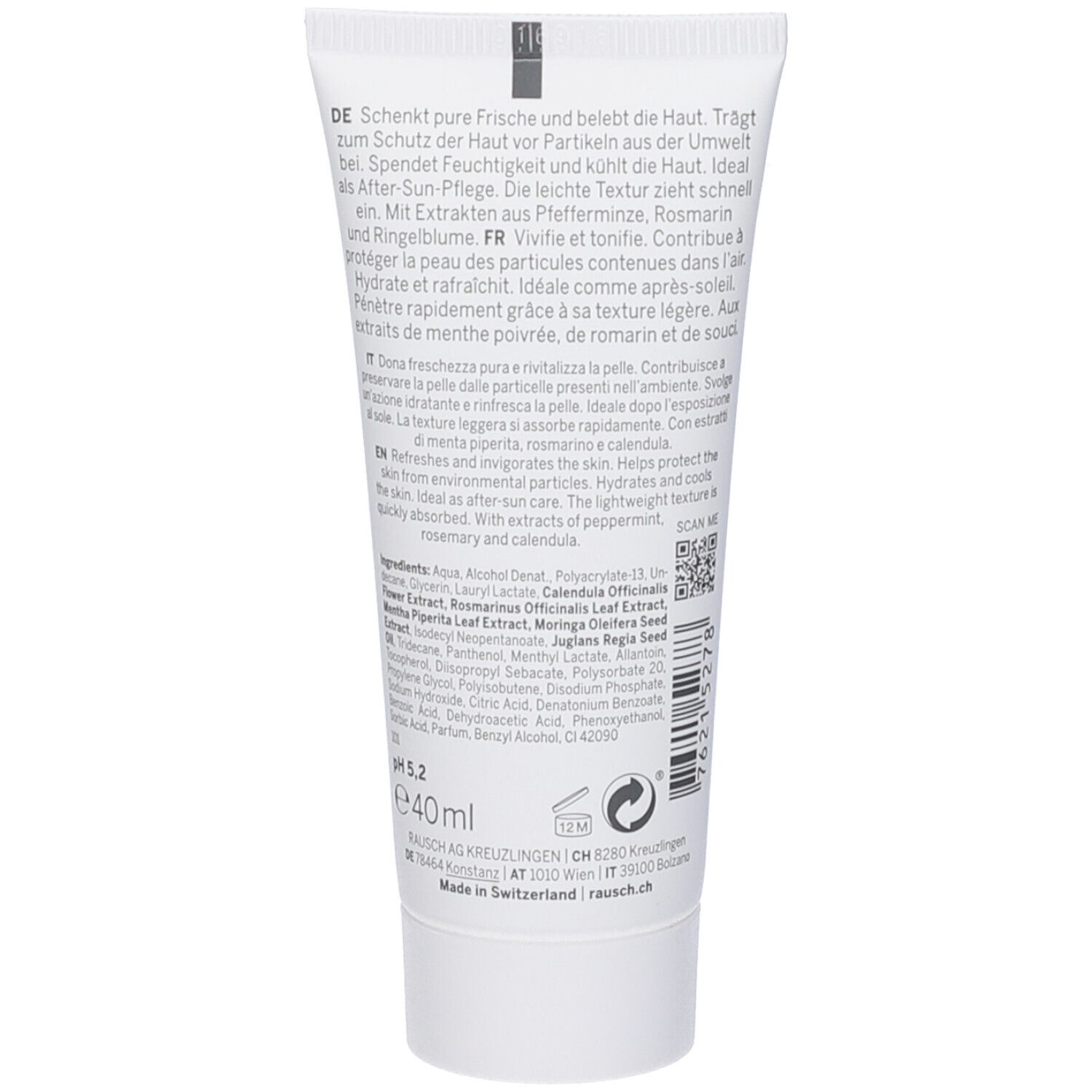 Retro del tubo. Testo: Ingredienti, 40ml, e5.2. Indirizzo del produttore. Prodotto in Svizzera. Codice QR.