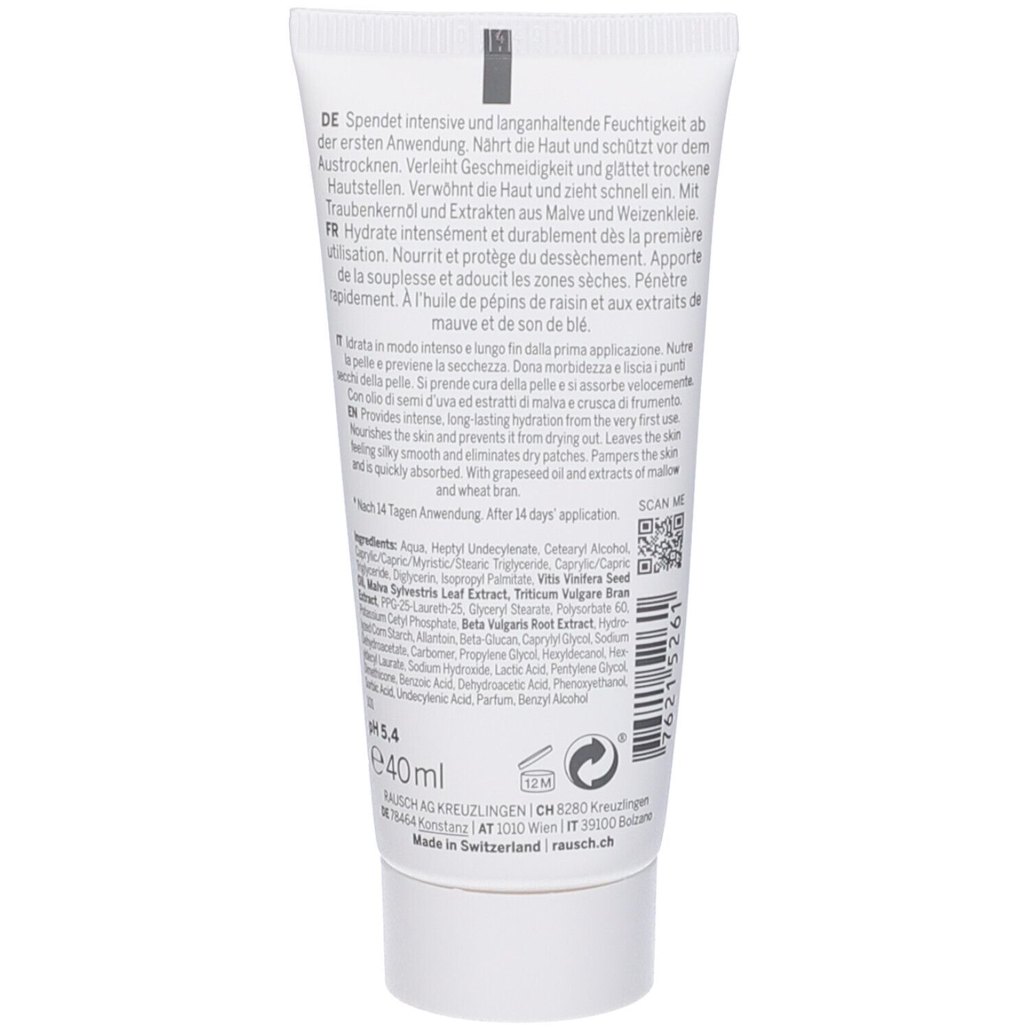 Retro del tubo. Testo multilingue. Ingredienti e informazioni del produttore. Codice QR e logo. Volume: 40ml.