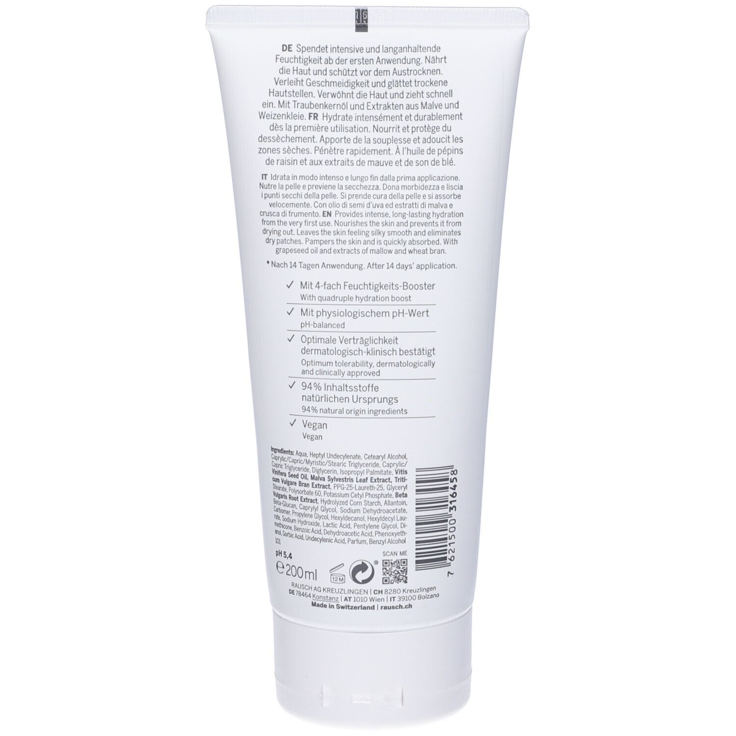Retro del tubo di lozione per il corpo. Testo: Idrata, ingredienti, pH, dermatologicamente testato, 94% ingredienti di origine naturale.