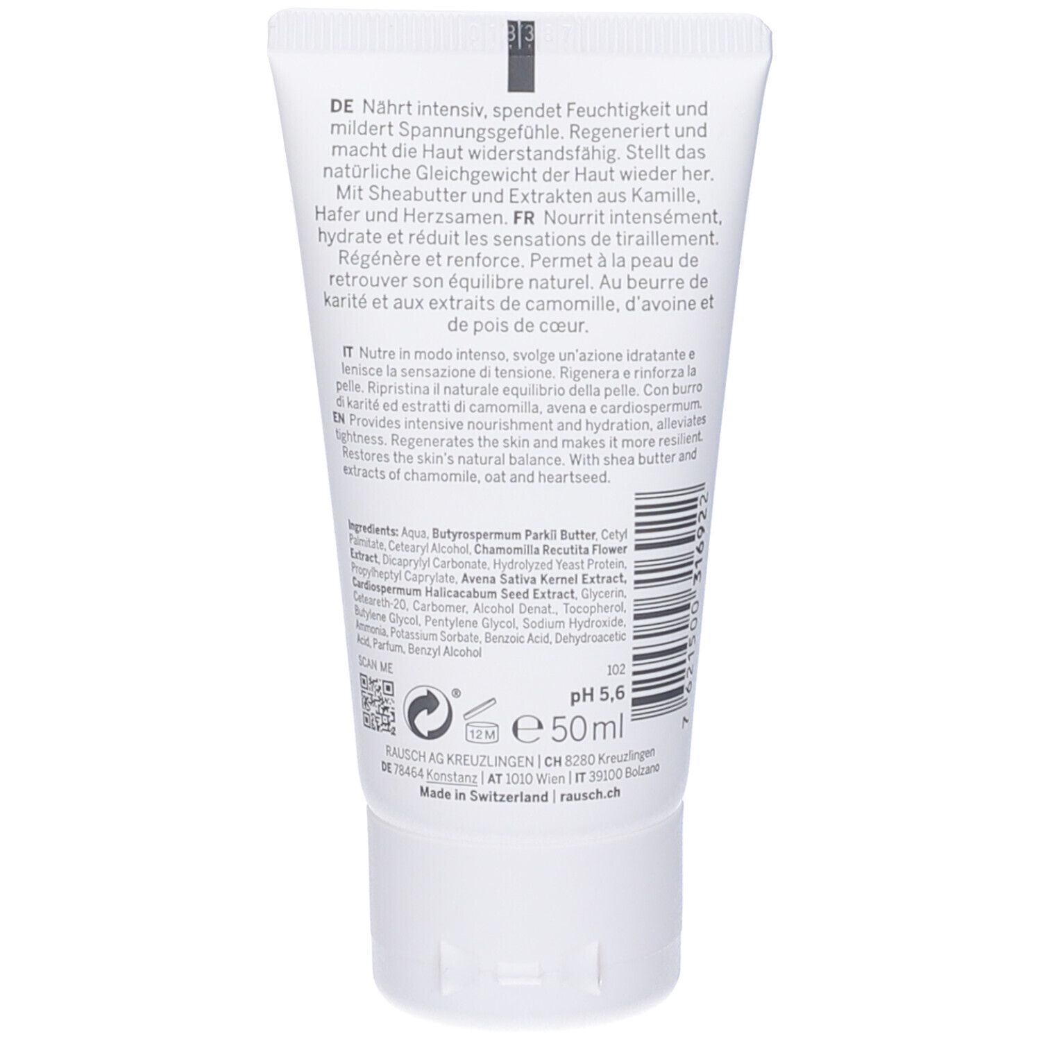 Retro del tubo di crema per le mani. Contiene testo in tedesco, francese e italiano. Ingredienti e logo.