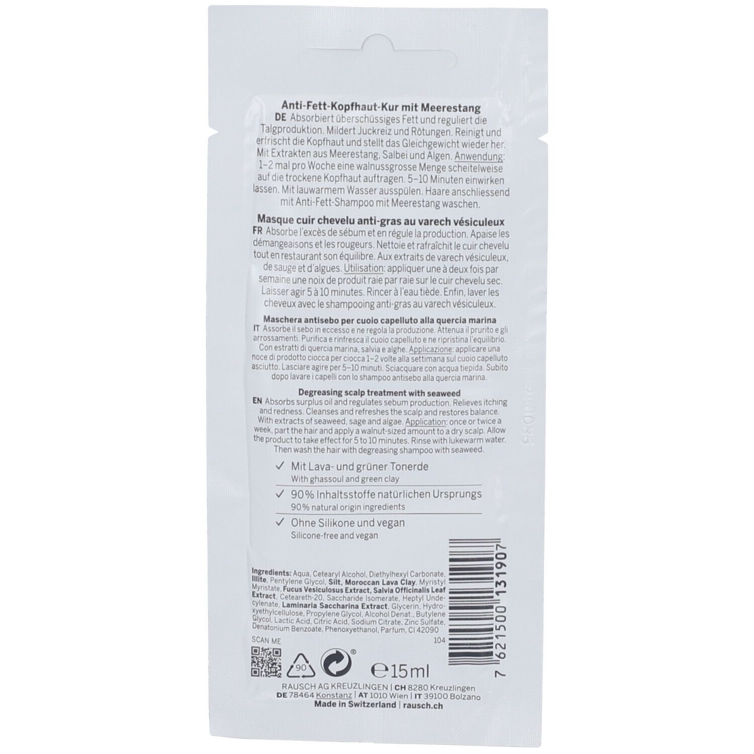 Retro della busta con informazioni sul prodotto in tedesco, francese e italiano. Ingredienti e informazioni sul produttore.