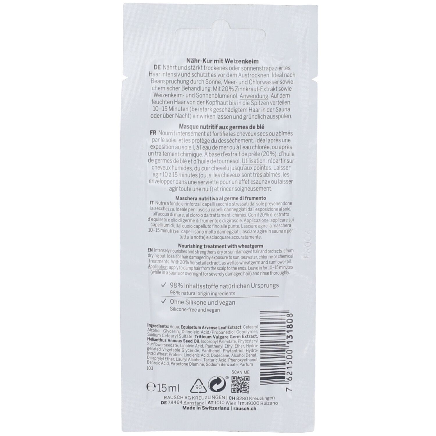 Retro della busta con testo multilingue. Contiene informazioni e ingredienti. Logo "Swiss Herbal Cosmetics".