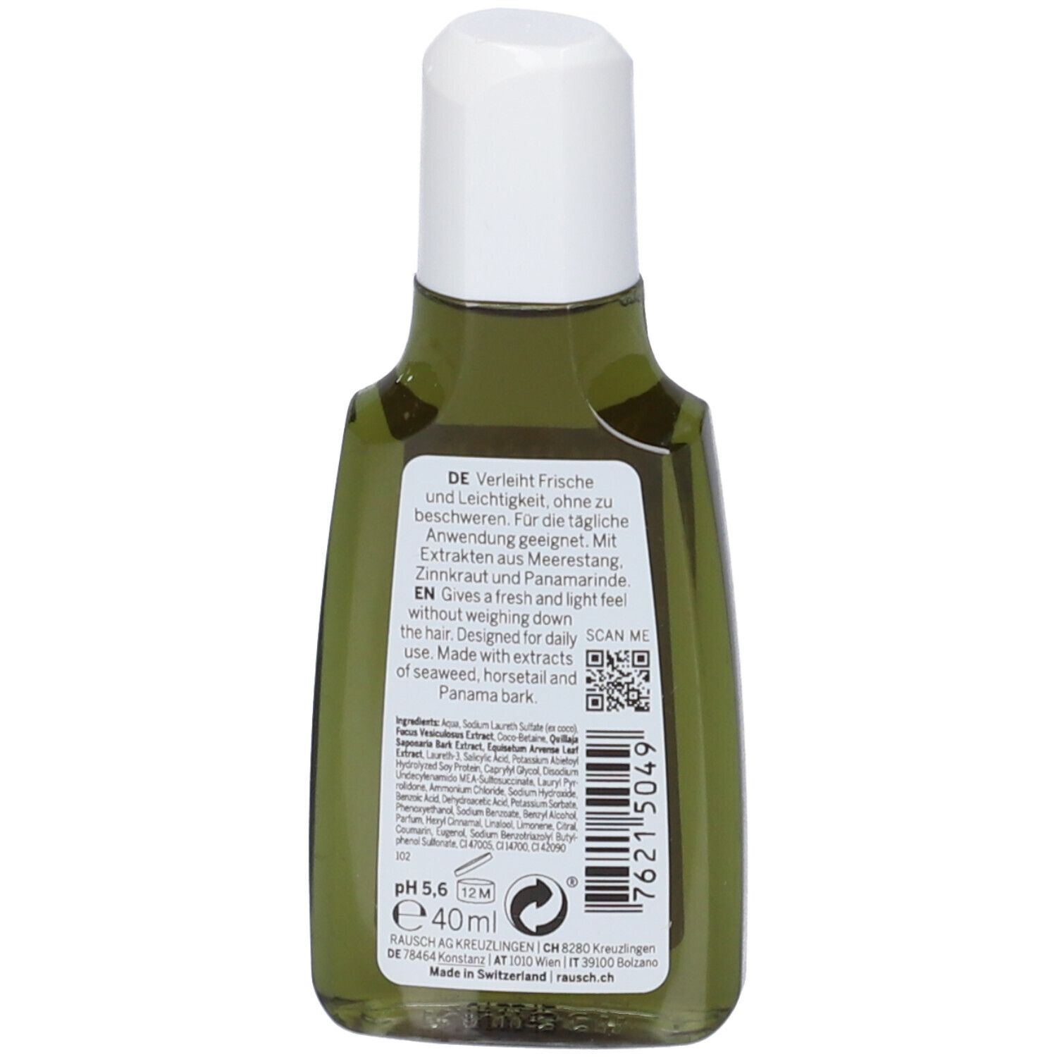 Retro del flacone di shampoo. Testo: Dona freschezza e leggerezza. Contiene estratti di alghe, equiseto e corteccia di Panama. 40ml.