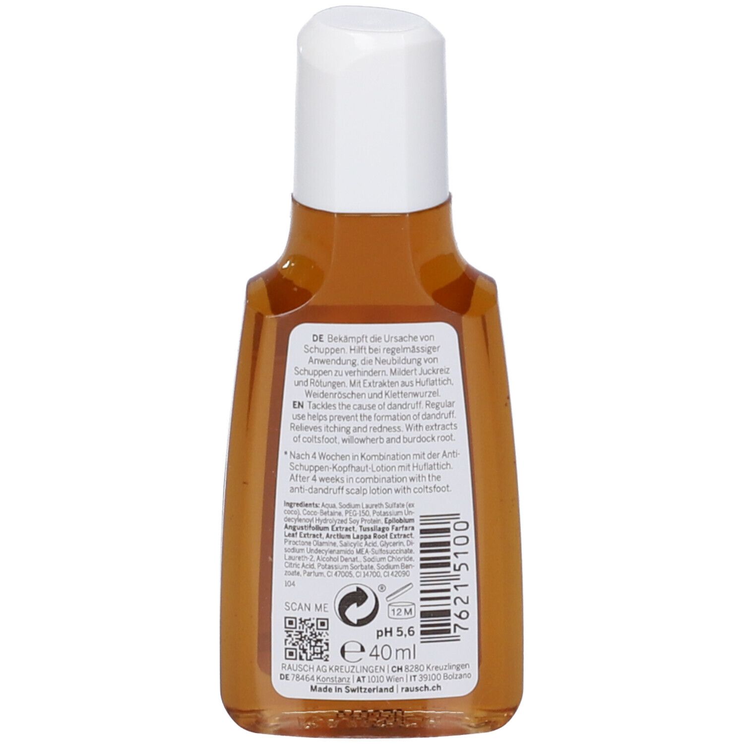 Vista posteriore del flacone. Etichetta con testo in più lingue. Contiene informazioni sul prodotto.