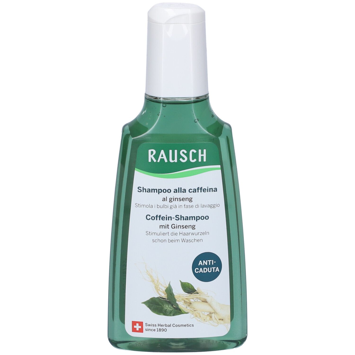 Flacone di shampoo verde con tappo bianco. Scritta: RAUSCH, Shampoo alla caffeina al ginseng. Logo anticaduta.