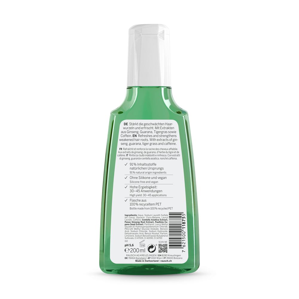 Retro del flacone di shampoo verde. Testo in tedesco, inglese, francese. Contiene informazioni sugli ingredienti e le certificazioni.