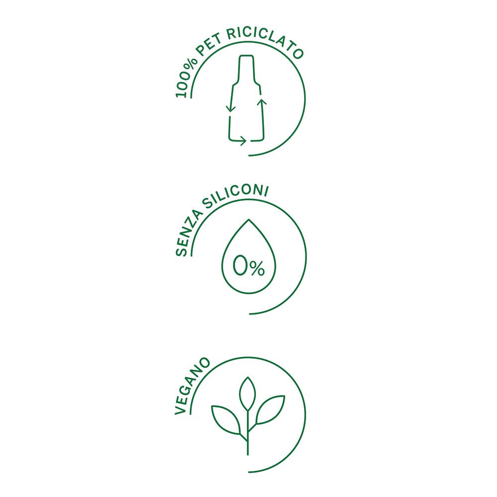 Loghi circolari: 100% PET riciclato, senza siliconi (0%), vegano. Simboli e testo verdi.
