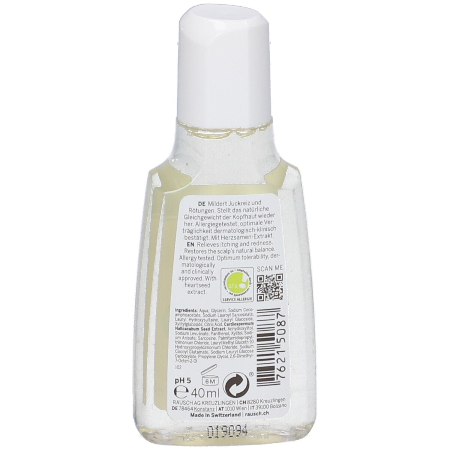 Retro del flacone. Testo con ingredienti e informazioni. 40ml. Cosmetici alle erbe svizzere.