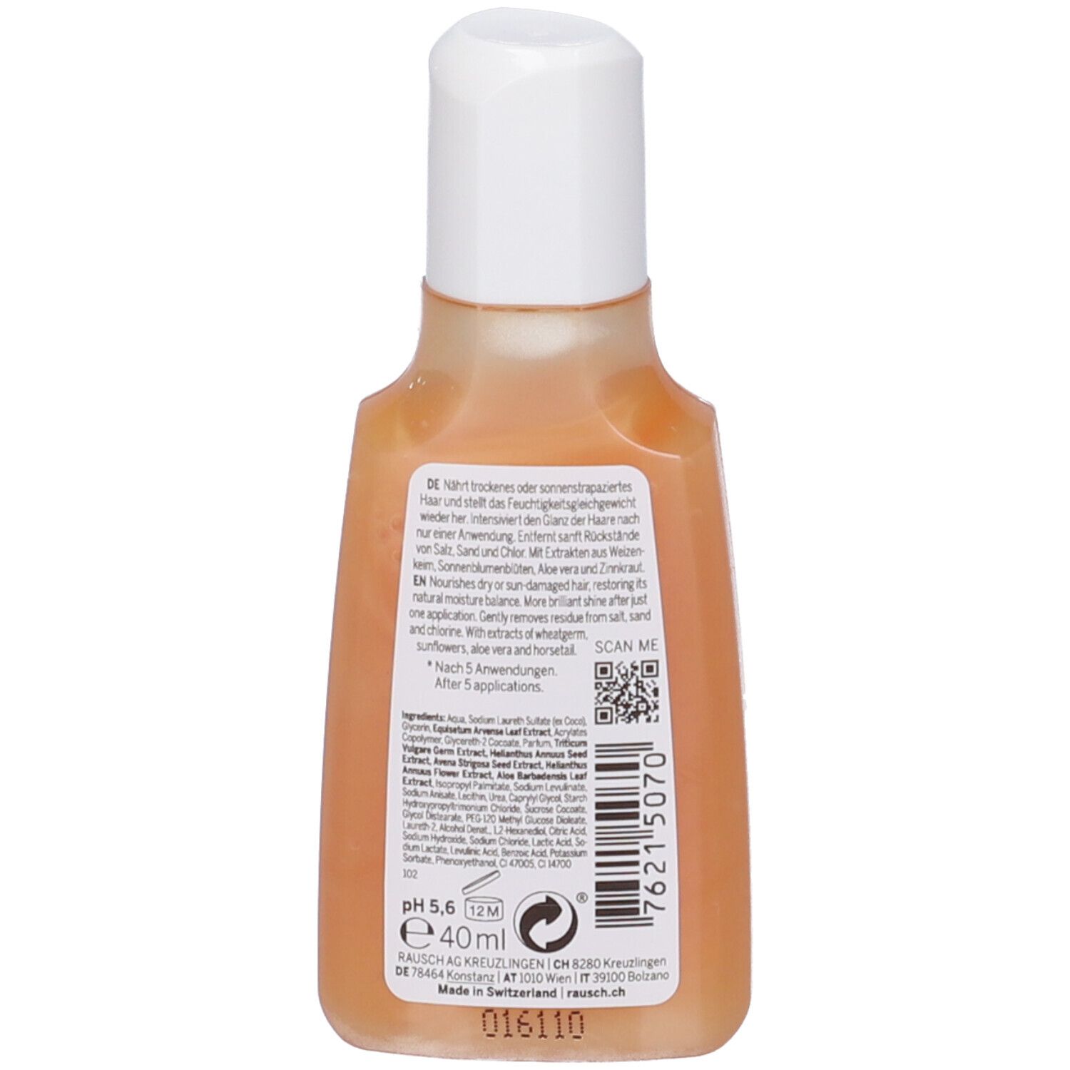 Retro del flacone. Testo in più lingue. Contiene informazioni sugli ingredienti e l'uso. pH 5,6. 40 ml. Prodotto in Svizzera.