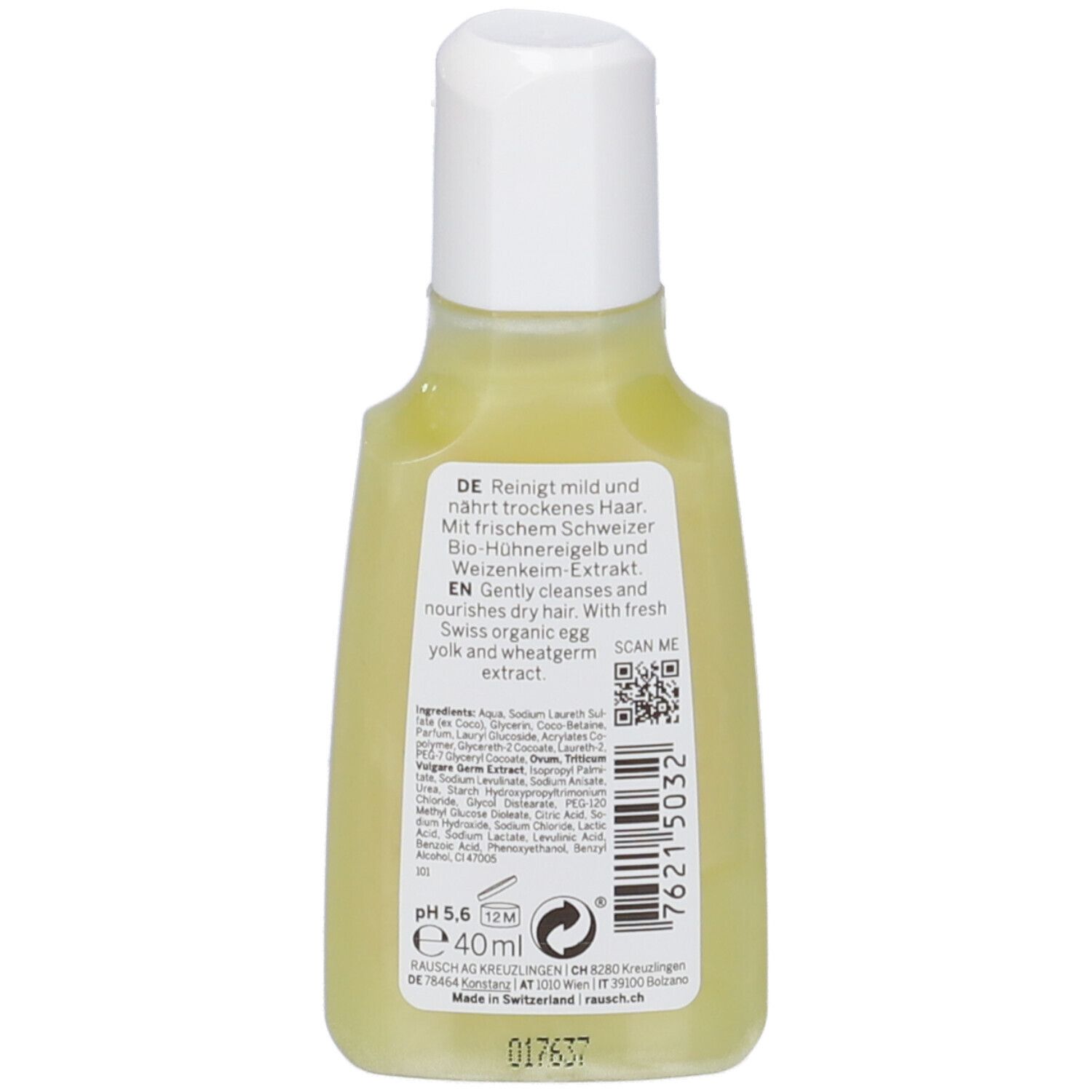 Retro del flacone. Testo in tedesco e inglese. Codice QR. Ingredienti. Volume: 40 ml. pH 5,6. Prodotto in Svizzera.