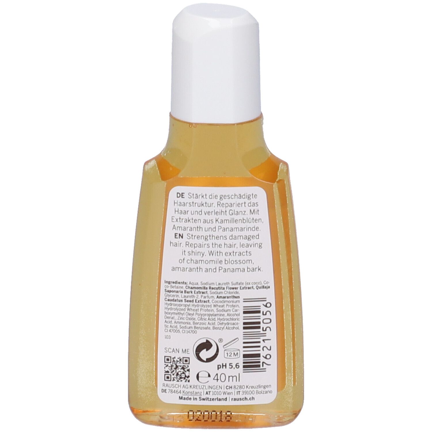 Retro del flacone di shampoo. Testo: Rinforza la struttura dei capelli, ripara la lucentezza. Ingredienti. pH 5,6. 40 ml. Codice QR. Prodotto in Svizzera.