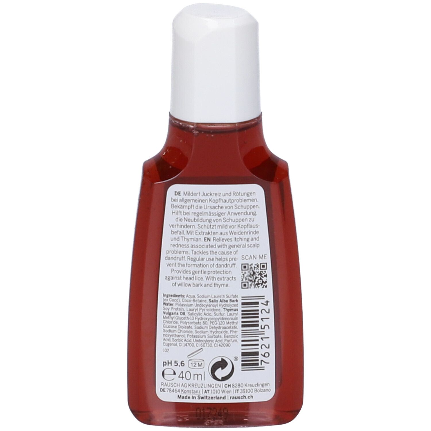 Retro del flacone rosso con tappo bianco. Testo e codice QR. Scritta: 40ml, pH 5,6, 12M.