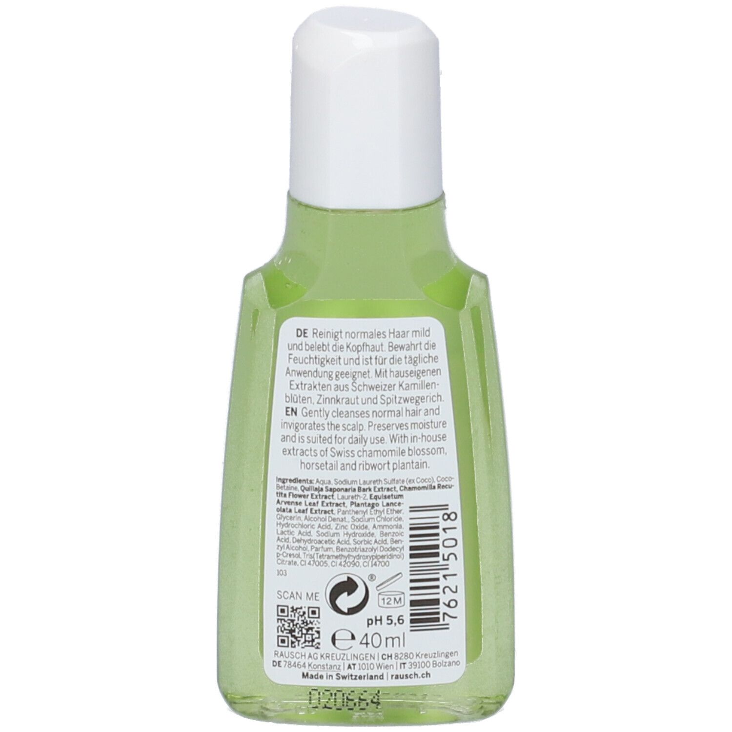 Retro del flacone verde. Testo: Deterge delicatamente i capelli normali, preserva l'idratazione. Ingredienti e codice QR.