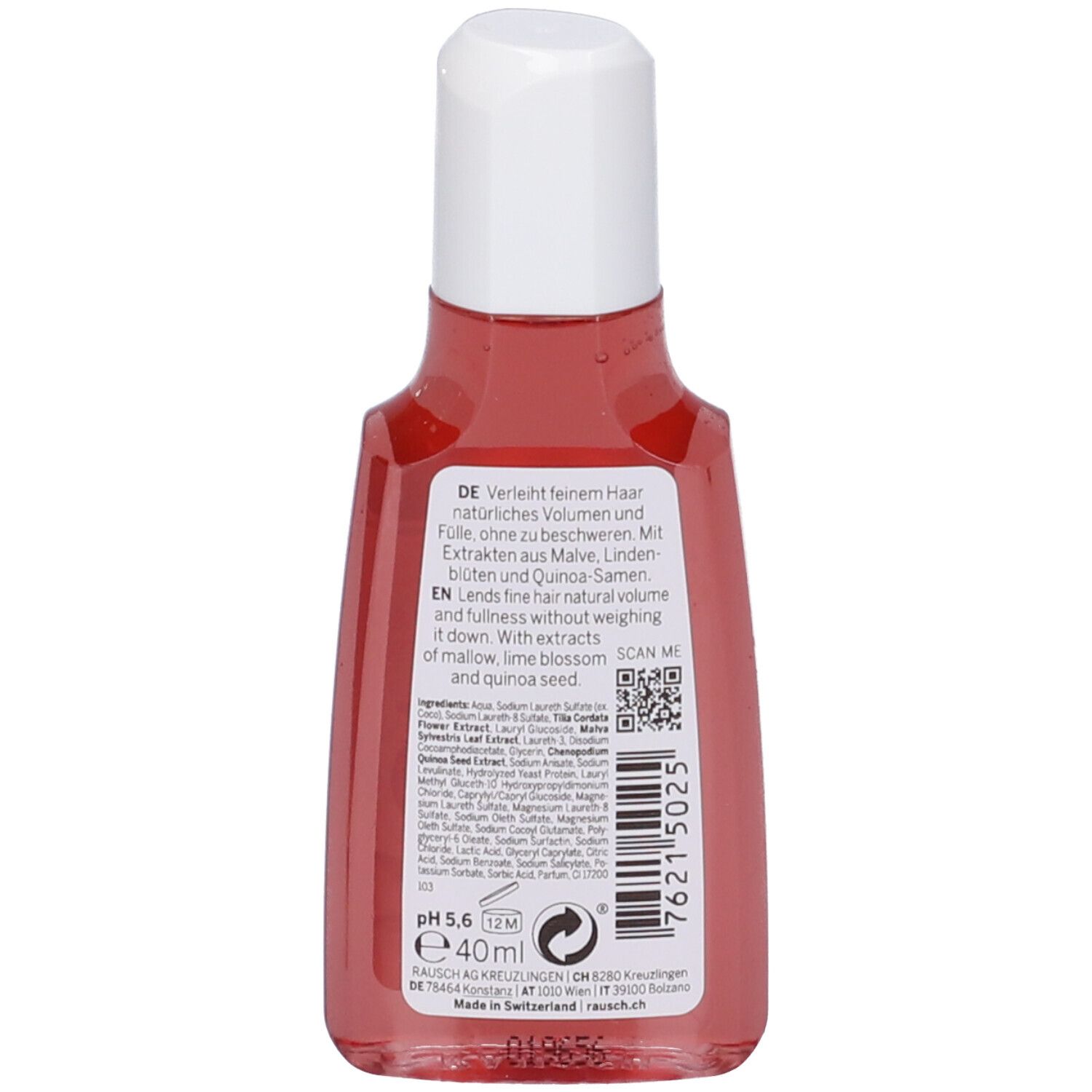 Retro del flacone di shampoo. Contiene testo, codice QR e informazioni. Prodotto in Svizzera.