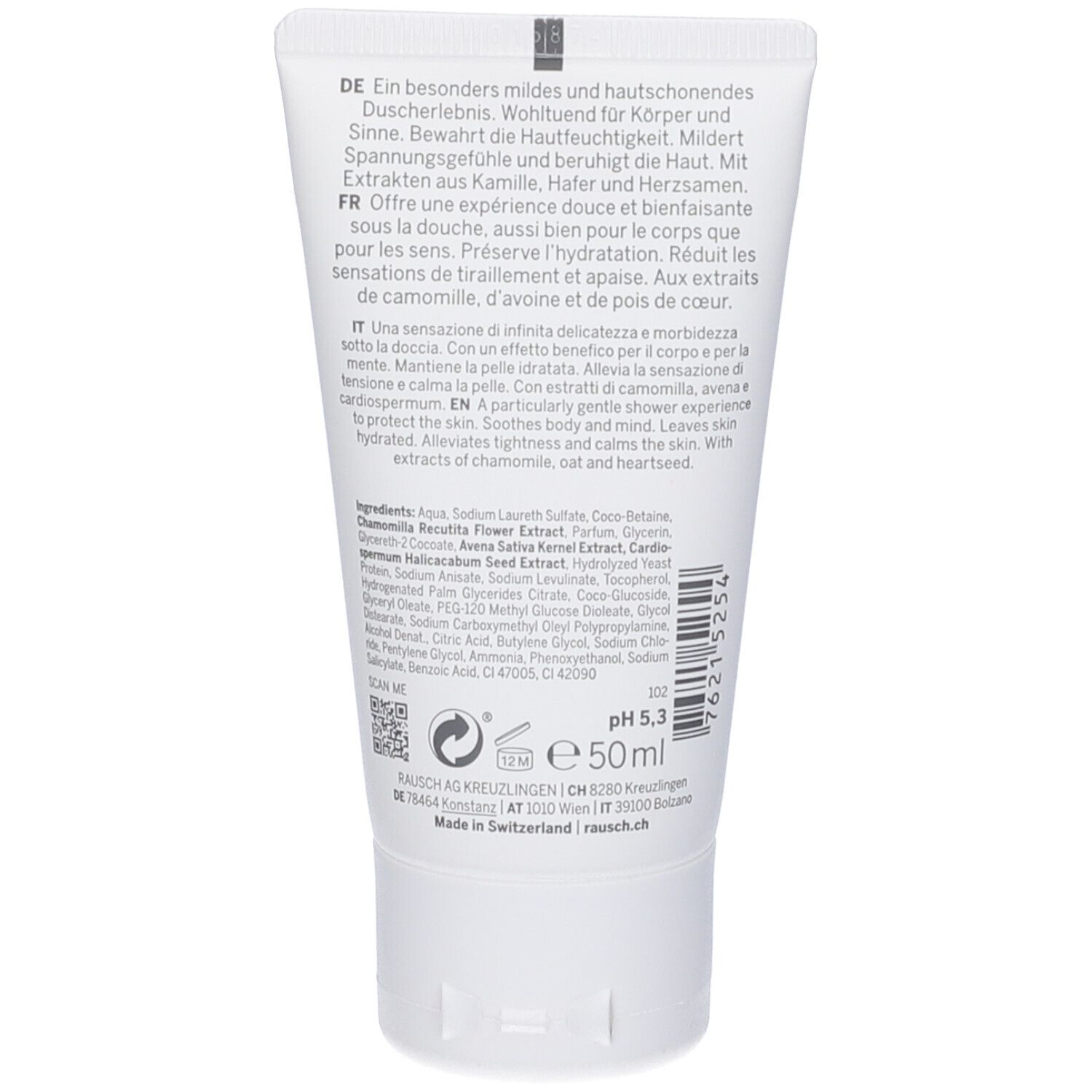 Retro del tubo. Testo in tedesco, francese e italiano. Contiene informazioni sugli ingredienti e il pH. 50 ml.