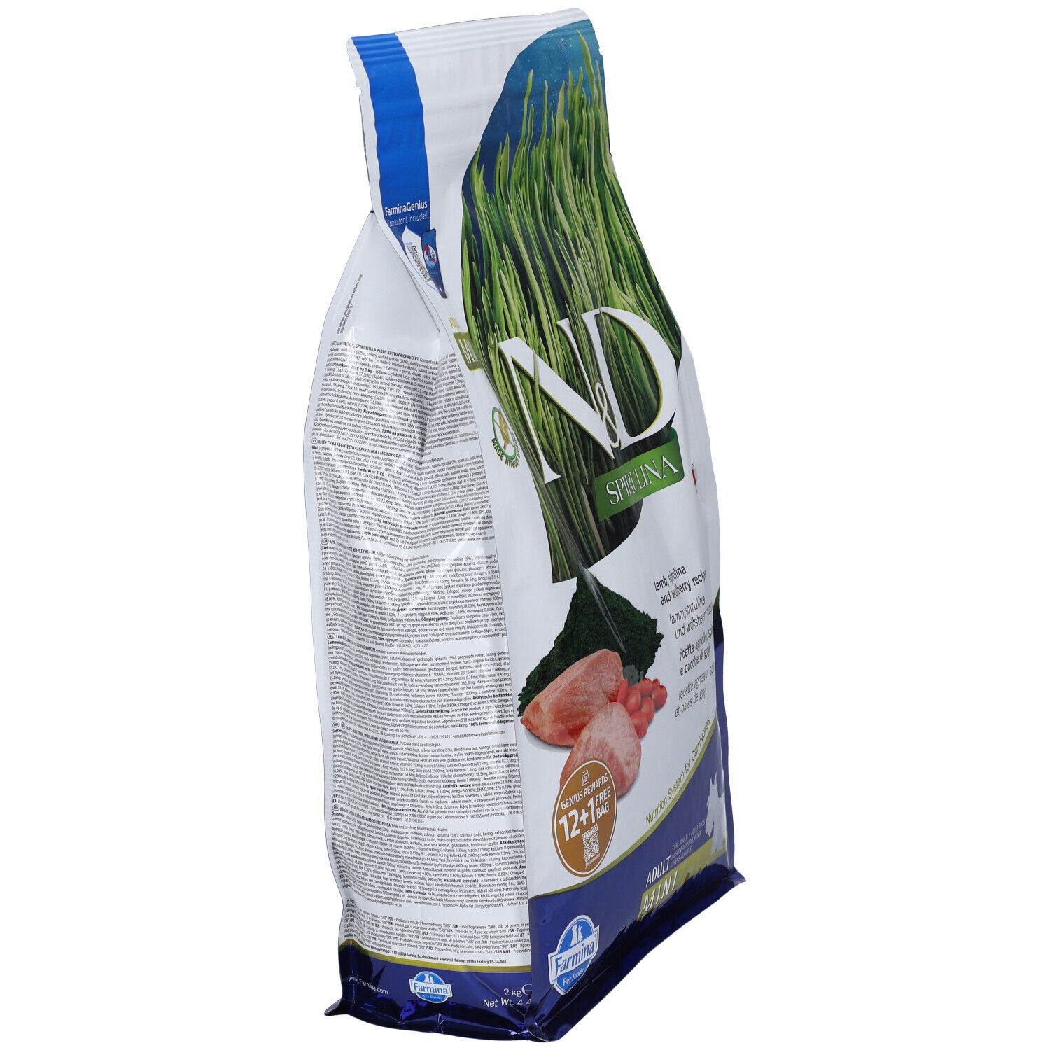 Vista laterale del sacchetto di cibo N&D Spirulina. Contiene agnello, spirulina e bacche di goji. Formato Mini.