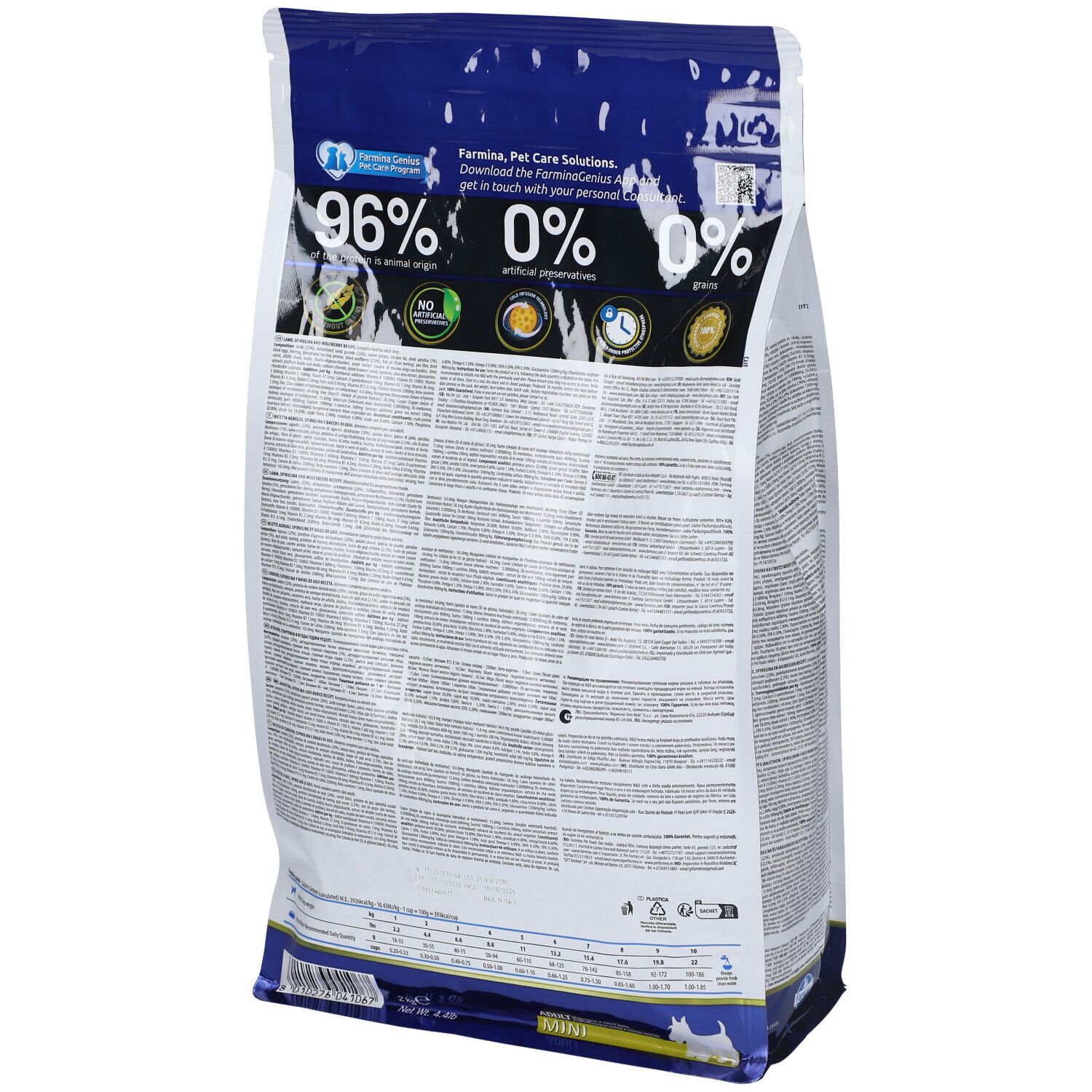 Retro del sacchetto di cibo per cani N&D Spirulina. Informazioni sugli ingredienti e nutrizionali.