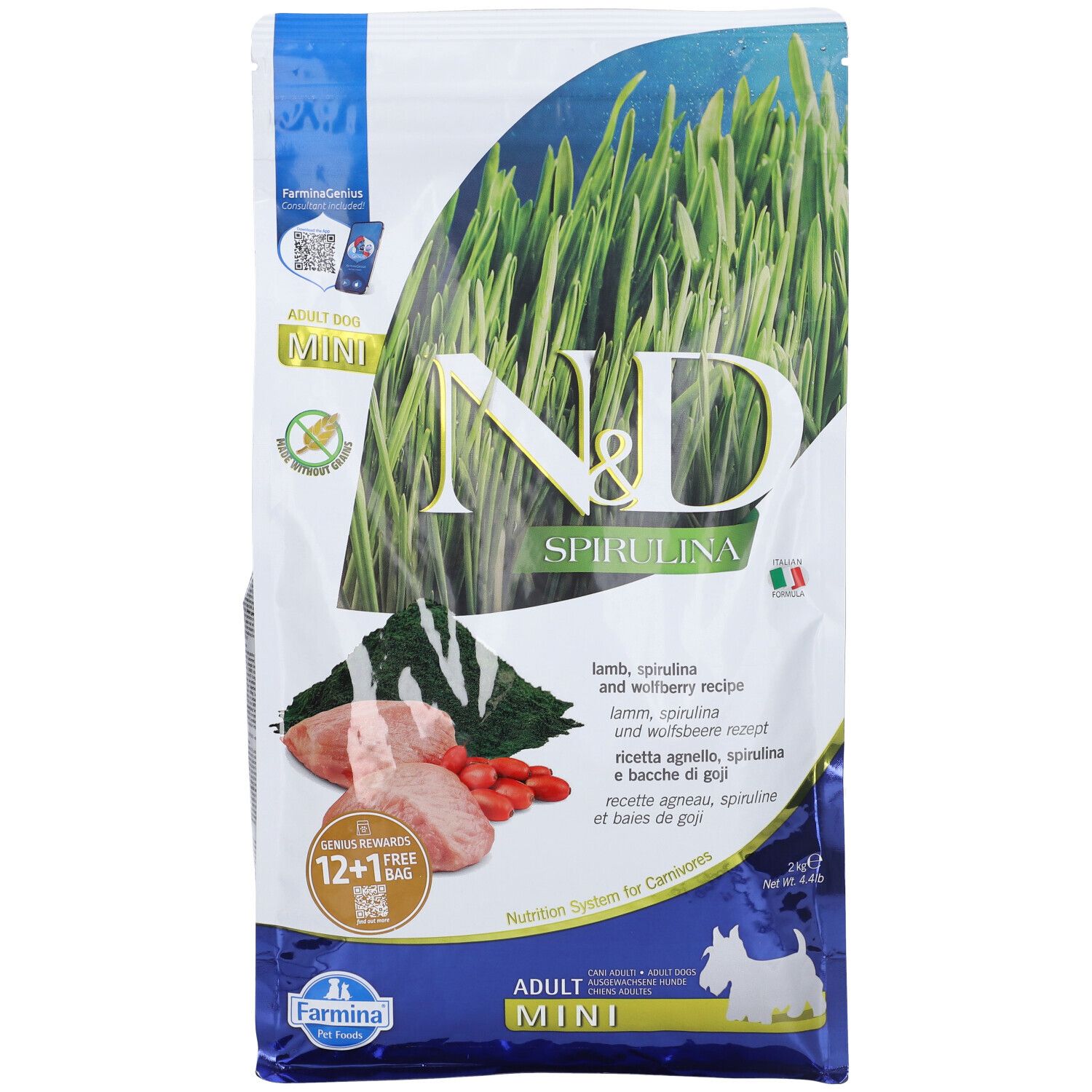 Sacchetto di cibo per cani N&D Spirulina. Contiene agnello, spirulina e bacche di goji. Formato Mini.