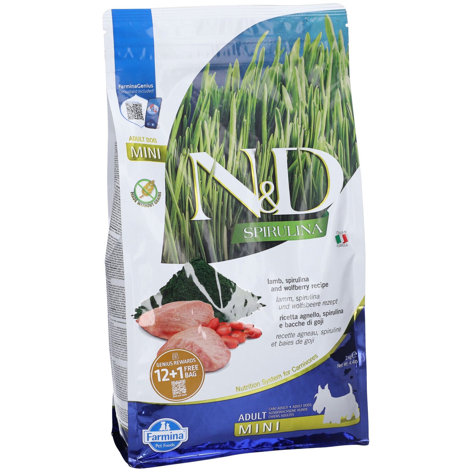 Sacchetto di cibo per cani N&D Spirulina. Contiene agnello, spirulina e bacche di goji. Formato Mini.