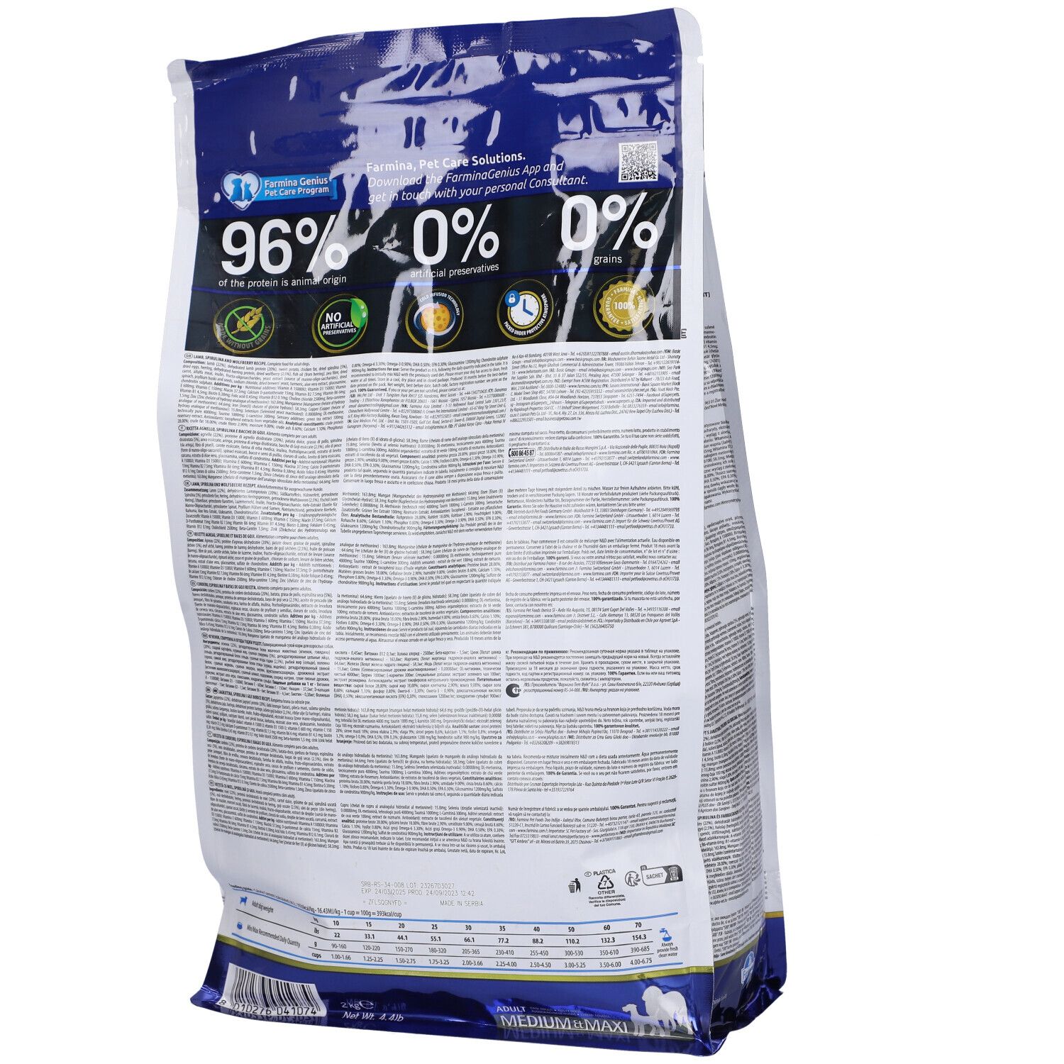 Retro del sacchetto di cibo per cani Farmina N&D Spirulina Lamb Adult Medium Maxi. Testo e informazioni nutrizionali.