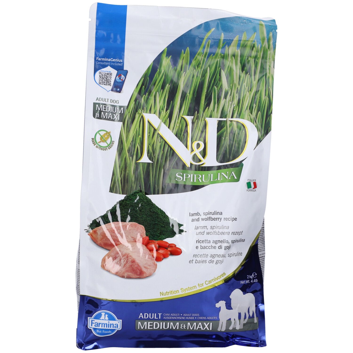 Sacchetto di cibo per cani Farmina N&D Spirulina Lamb Adult Medium Maxi. Illustrazione ingredienti e testo: N&D Spirulina, Adult, Medium & Maxi.
