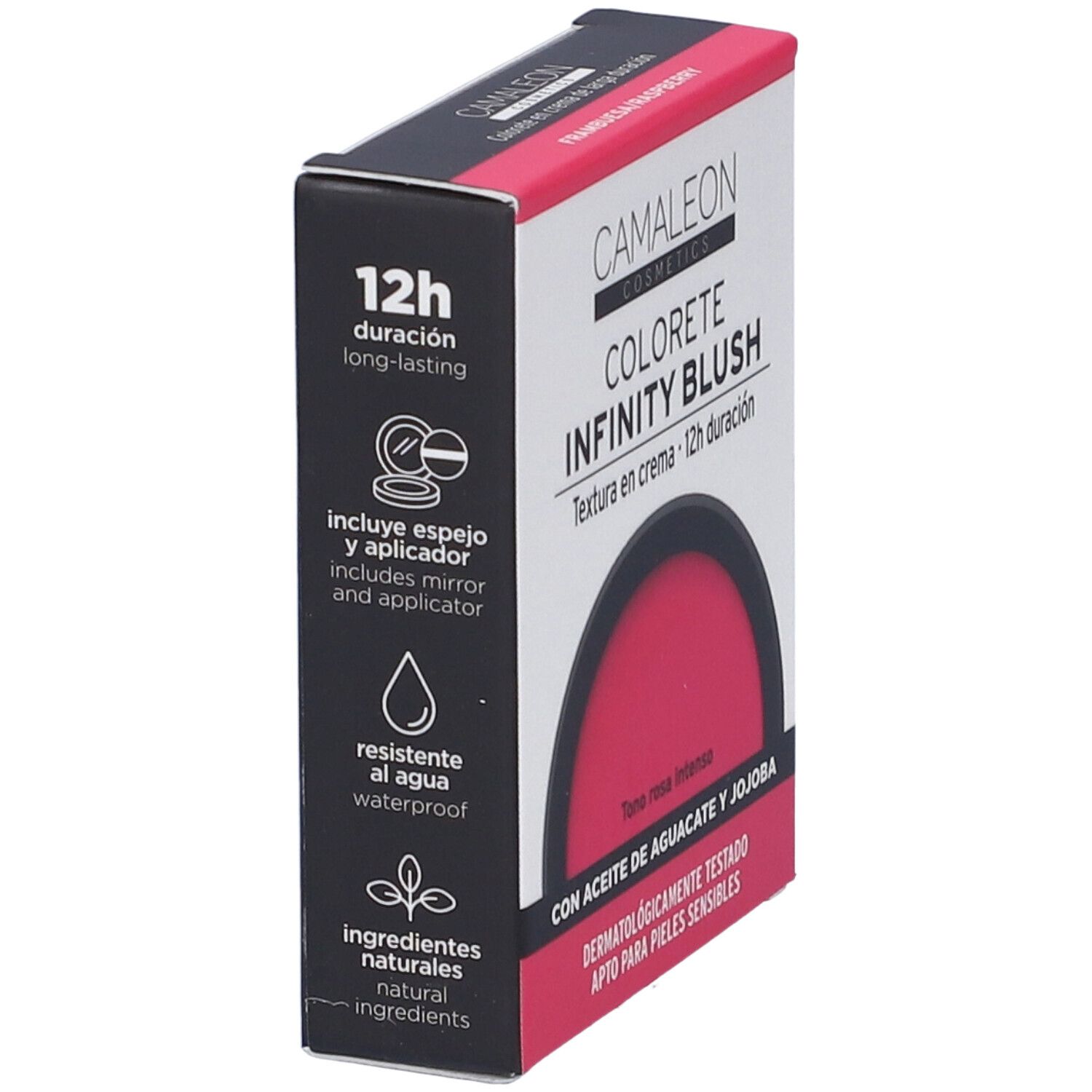 Confezione blush Camaleon. Tonalità rosa, texture crema. Include specchio e applicatore. Resistente all'acqua.