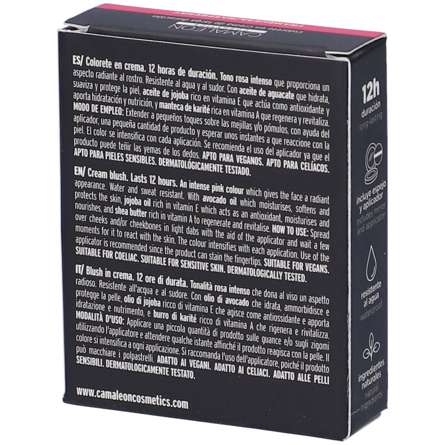 Retro confezione blush. Informazioni testuali multilingue. Ingredienti e istruzioni per l'uso.