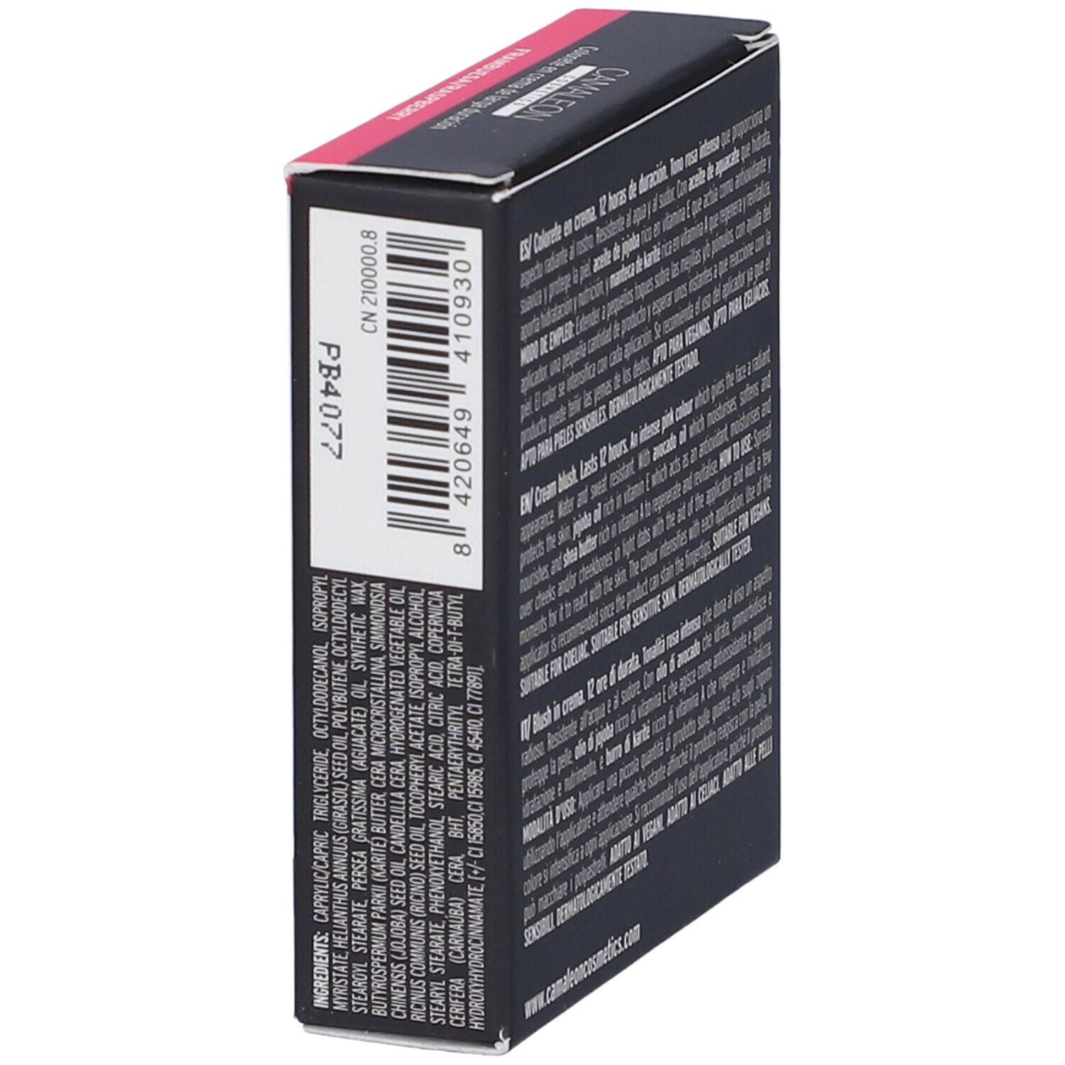 Vista laterale confezione blush. Codice a barre e informazioni prodotto. Ingredienti.