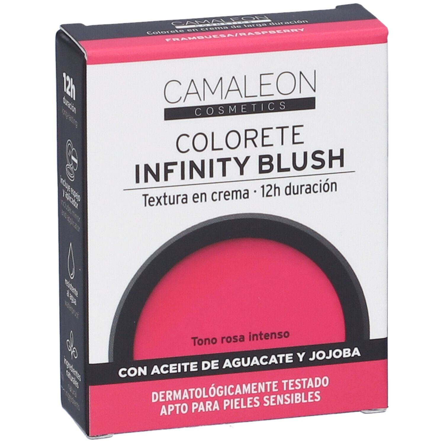 Confezione blush Camaleon. Tonalità rosa, texture crema. Include specchio e applicatore. Resistente all'acqua.