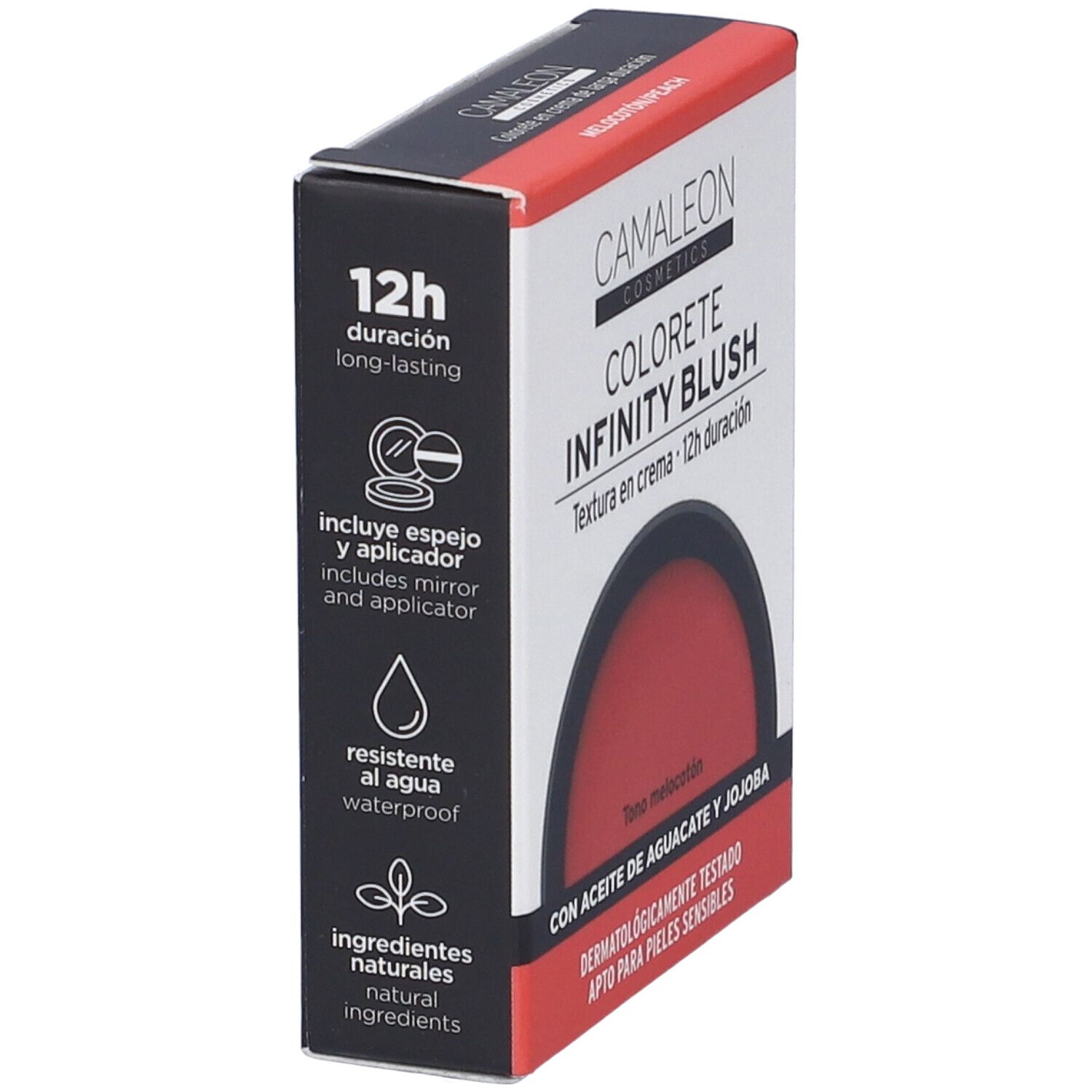 Camaleon Cosmetics Infinity Blush Pesca. Scatola rossa quadrata. Caratteristiche del prodotto e testo. Include specchio e applicatore.