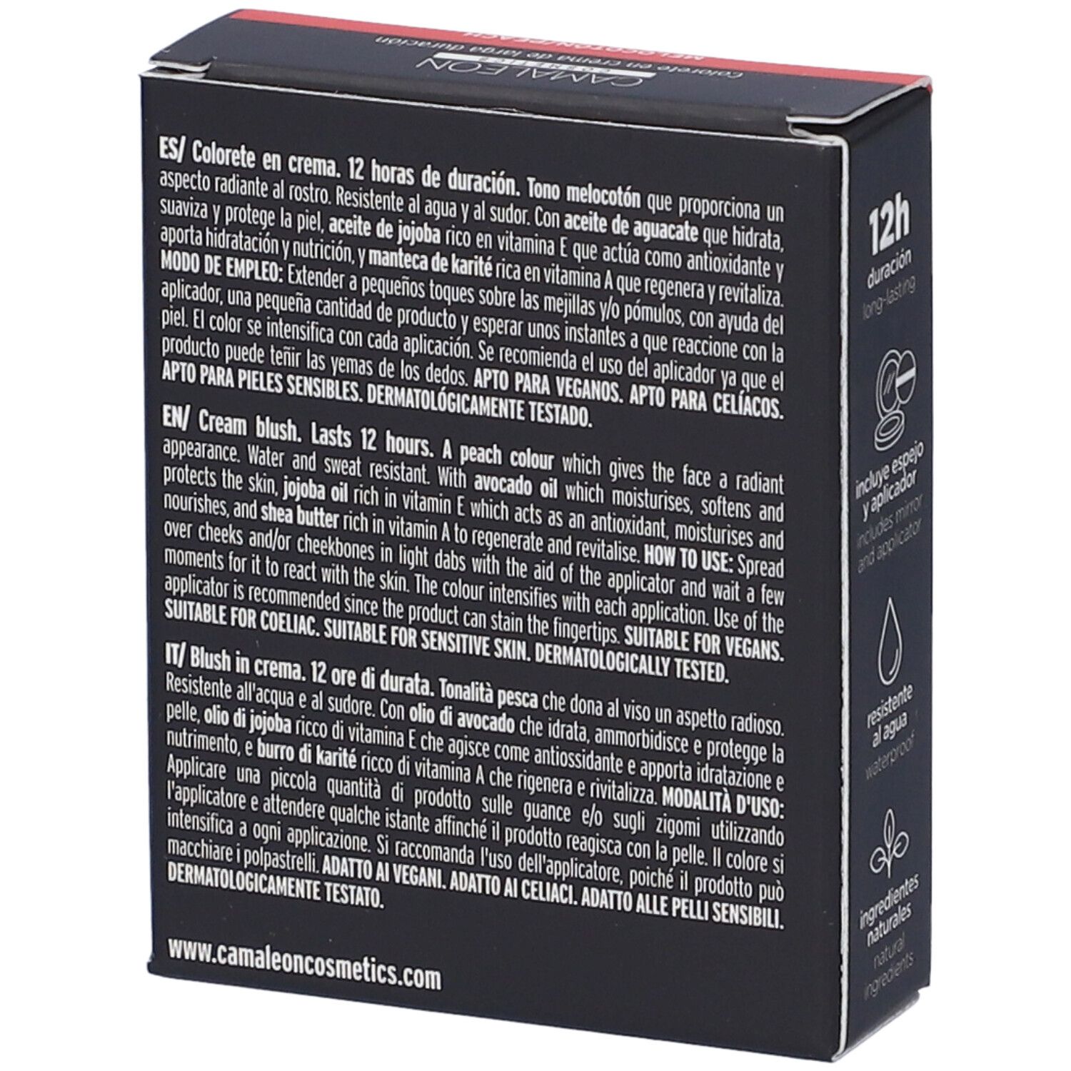 Retro della confezione Camaleon Cosmetics Infinity Blush Pesca. Testo multilingue. Ingredienti e istruzioni.