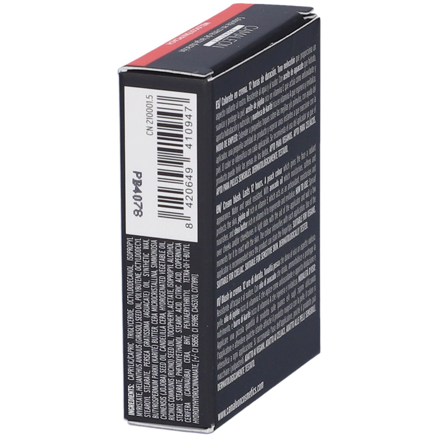 Lato della confezione Camaleon Cosmetics Infinity Blush Pesca. Testo e codice a barre. Ingredienti e informazioni del produttore.