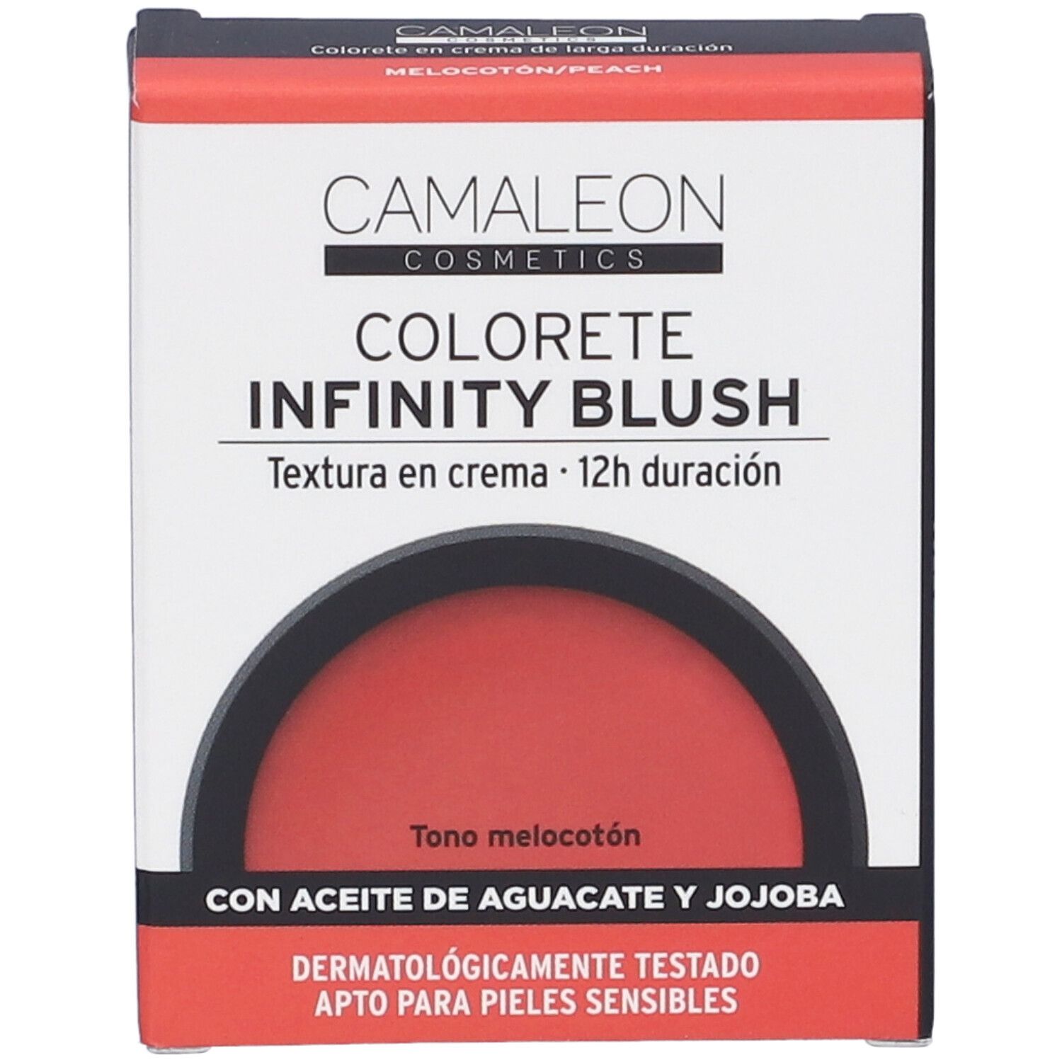 Camaleon Cosmetics Infinity Blush Pesca. Scatola rossa quadrata. Nome del prodotto e testo. Dermatologicamente testato.
