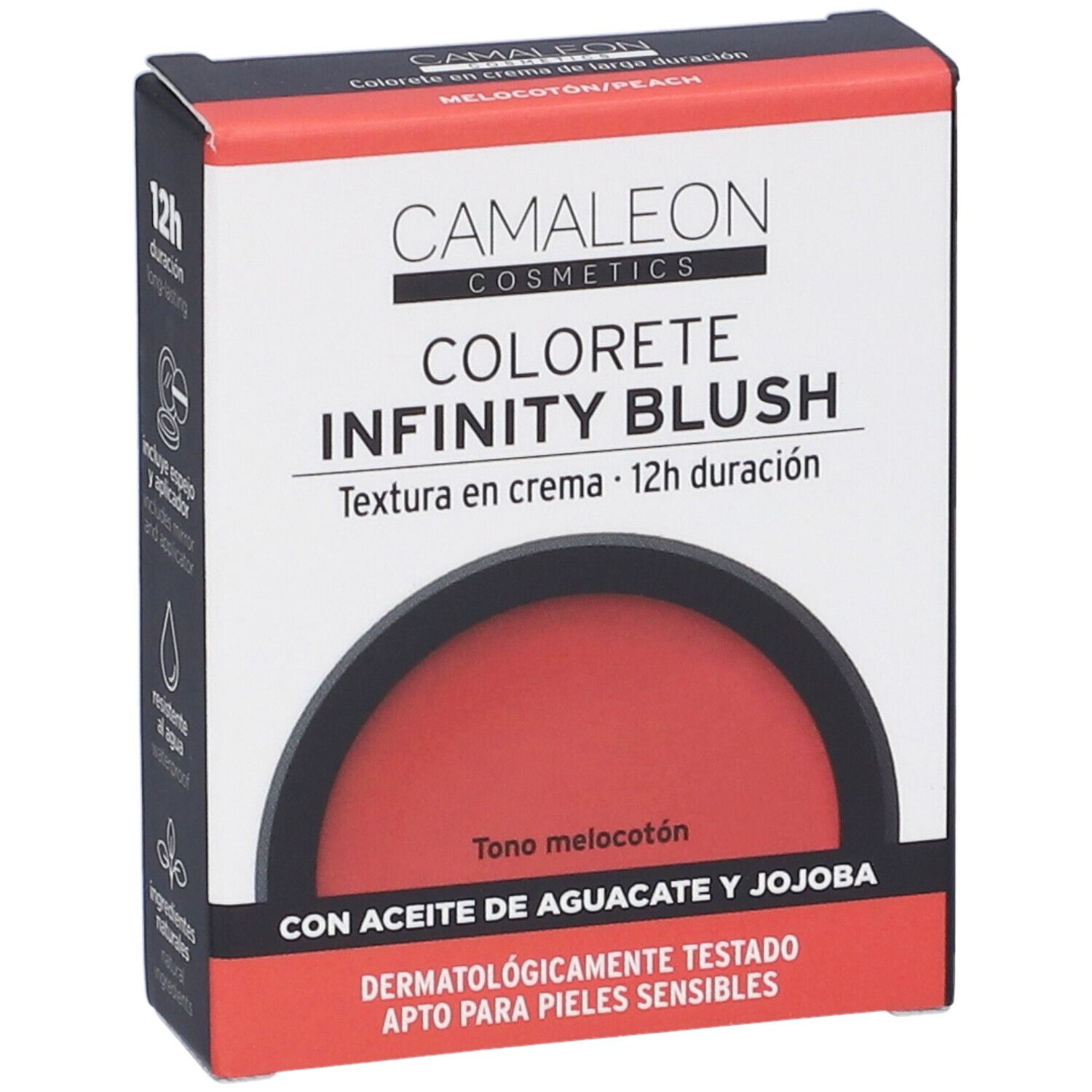 Camaleon Cosmetics Infinity Blush Pesca. Scatola rossa quadrata. Nome del prodotto e testo. Caratteristiche e icone.