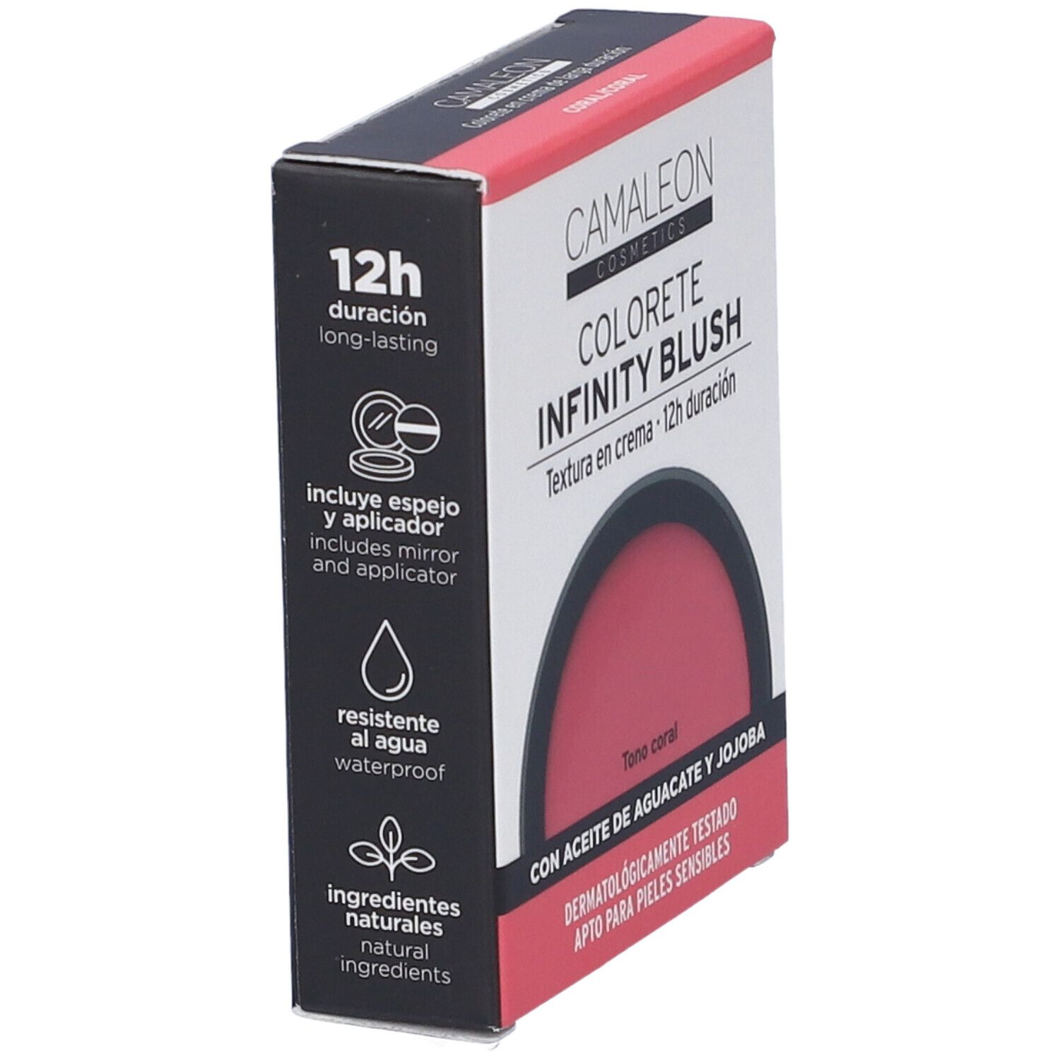 Confezione blush Camaleon Infinity Blush Corallo. Contiene specchio e applicatore. Resistente all'acqua. Ingredienti naturali.