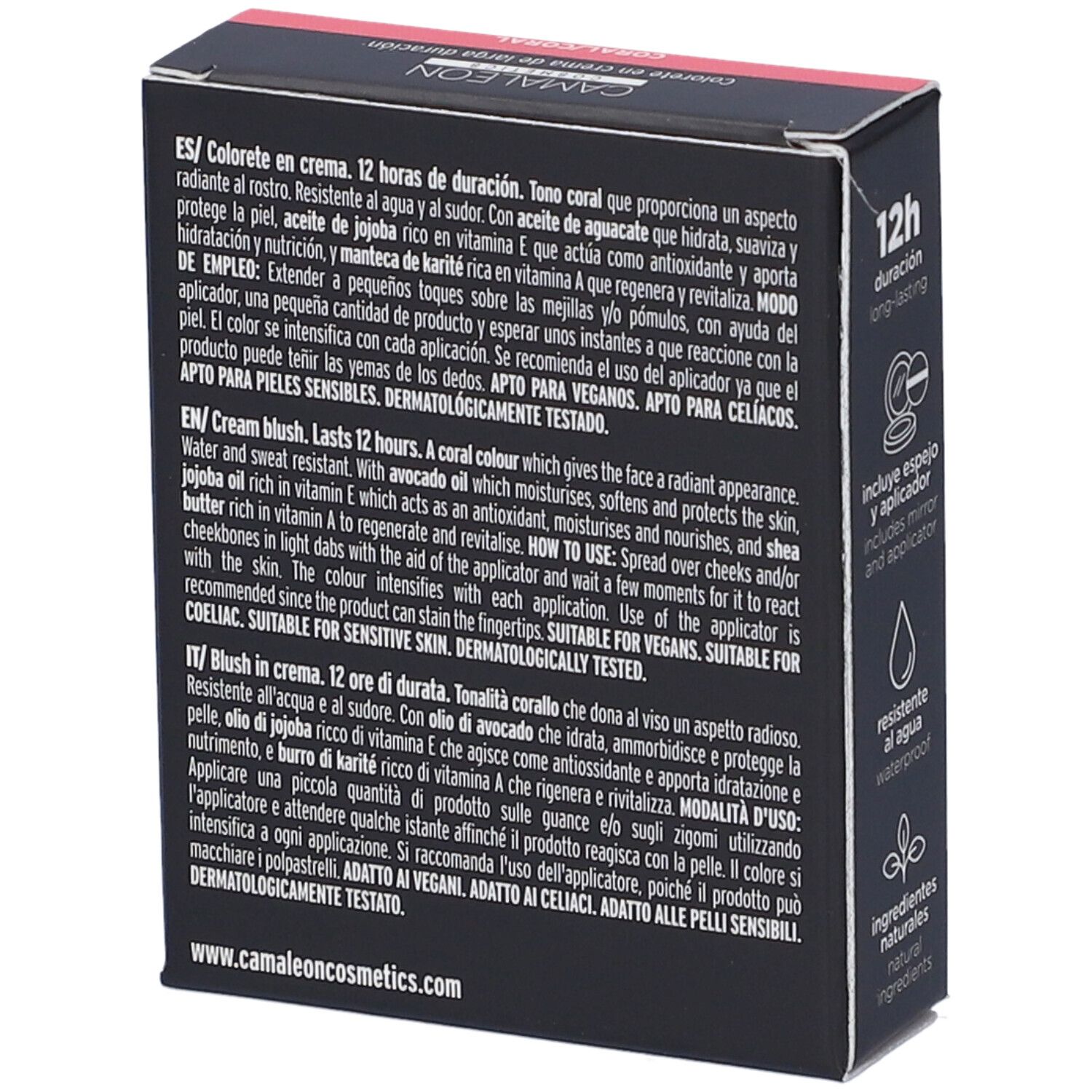 Retro della confezione blush. Testo in spagnolo, inglese e italiano. Informazioni sugli ingredienti e l'uso.
