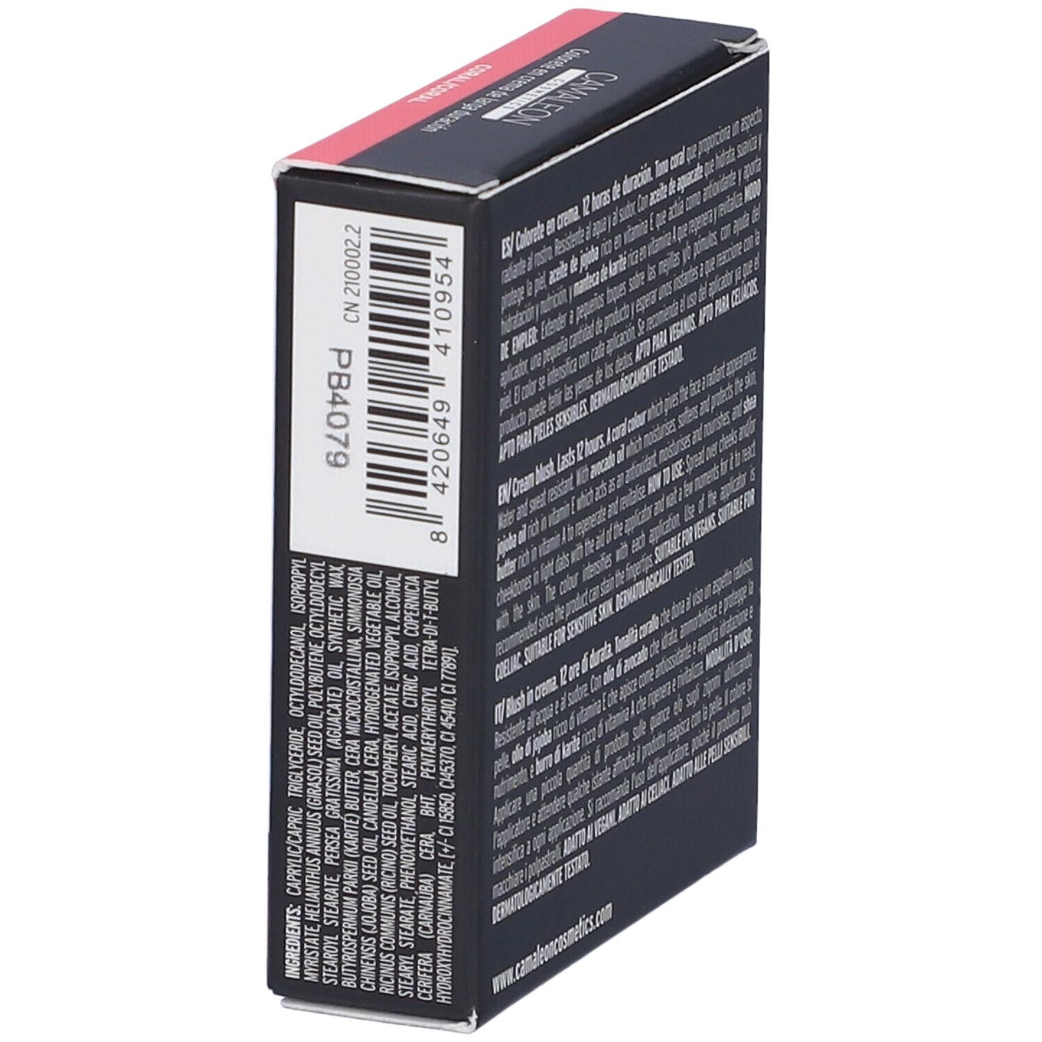 Vista laterale della confezione blush. Nome del prodotto: Camaleon Cosmetics. Codice a barre e ingredienti.