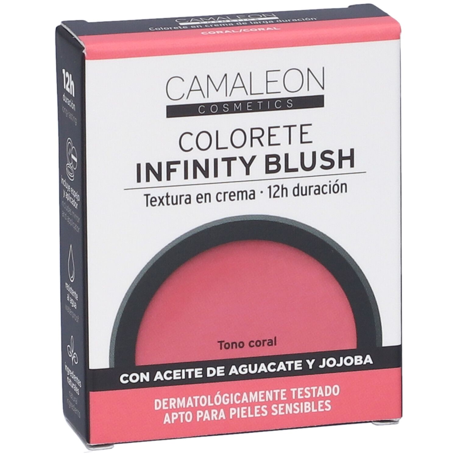 Confezione blush Camaleon Infinity Blush Corallo. Colore corallo. Durata 12h. Contiene olio di avocado e jojoba.