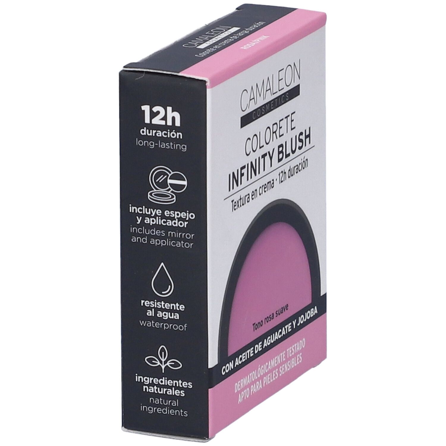 Confezione blush con informazioni sul prodotto. Include specchio e applicatore. Resistente all'acqua. Ingredienti naturali.