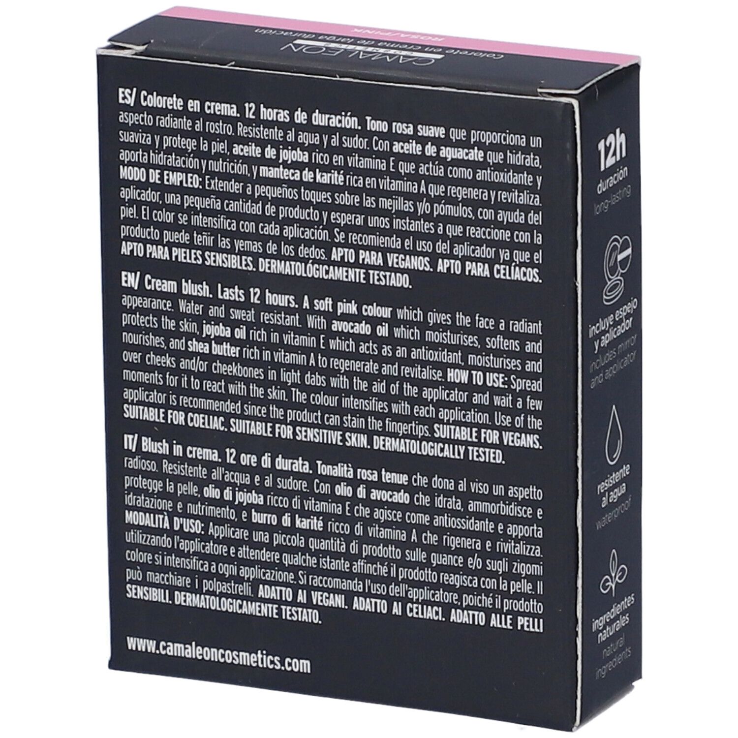 Retro della confezione blush. Descrizione del prodotto in più lingue. Ingredienti e istruzioni.