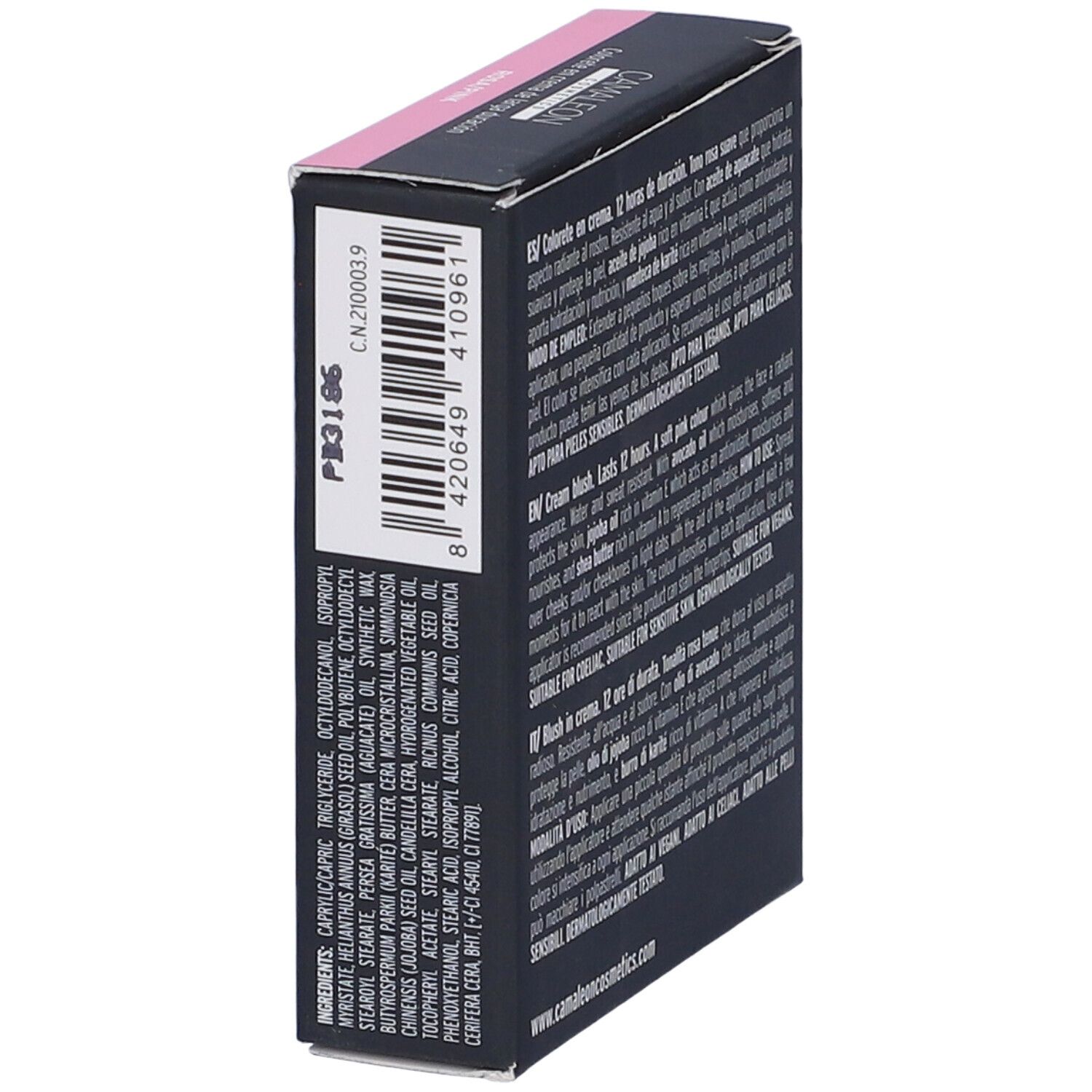 Vista laterale della confezione blush. Codice a barre e ingredienti visibili. Nome e marchio del prodotto.