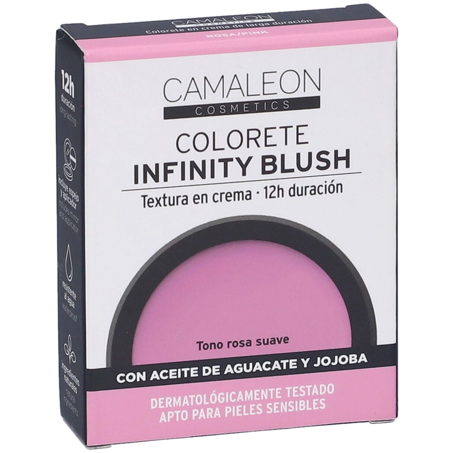 Confezione blush. Nome e marchio del prodotto visibili. Tonalità rosa, texture in crema, durata 12h.