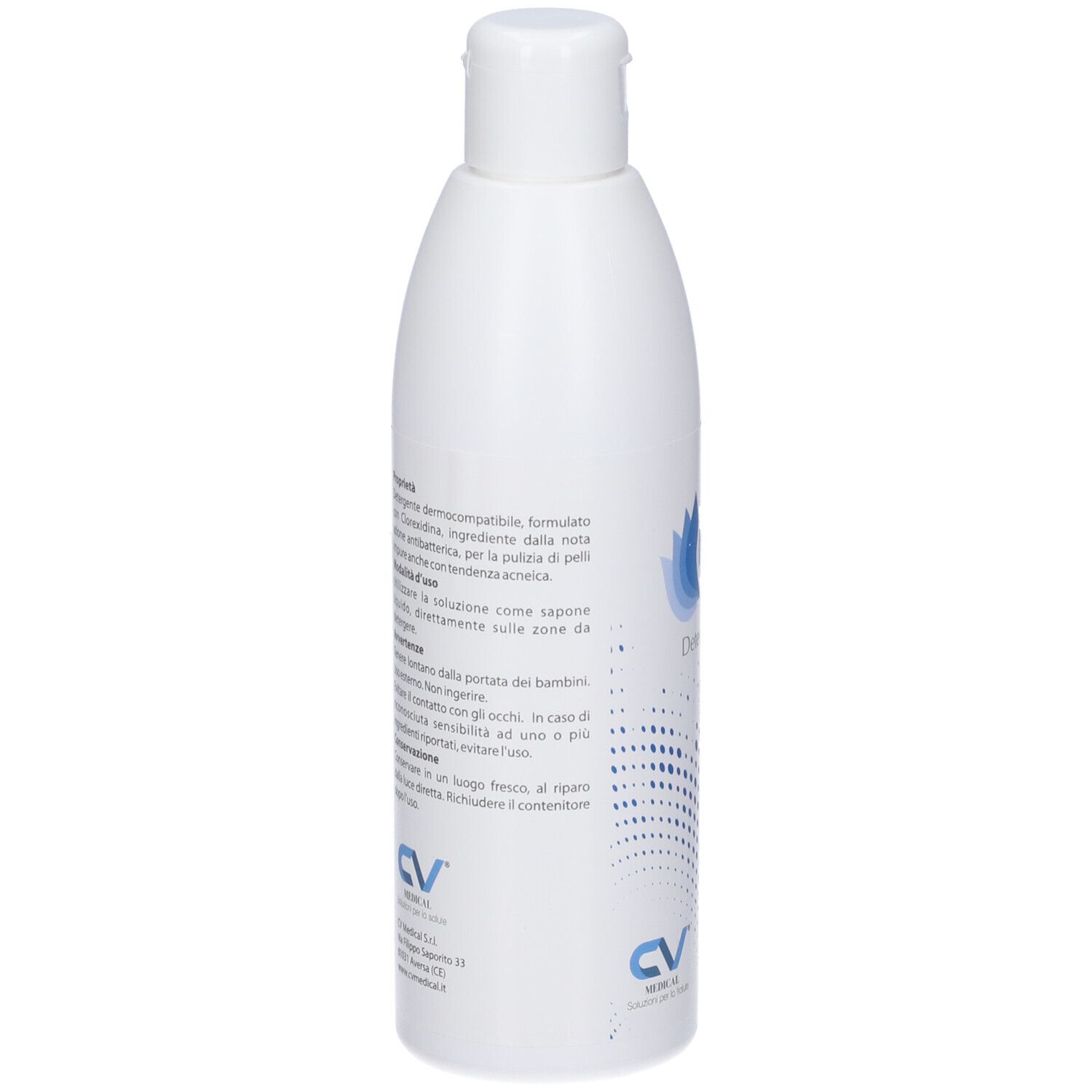 Retro del flacone bianco. Testo e punti blu. Logo CV Medical.