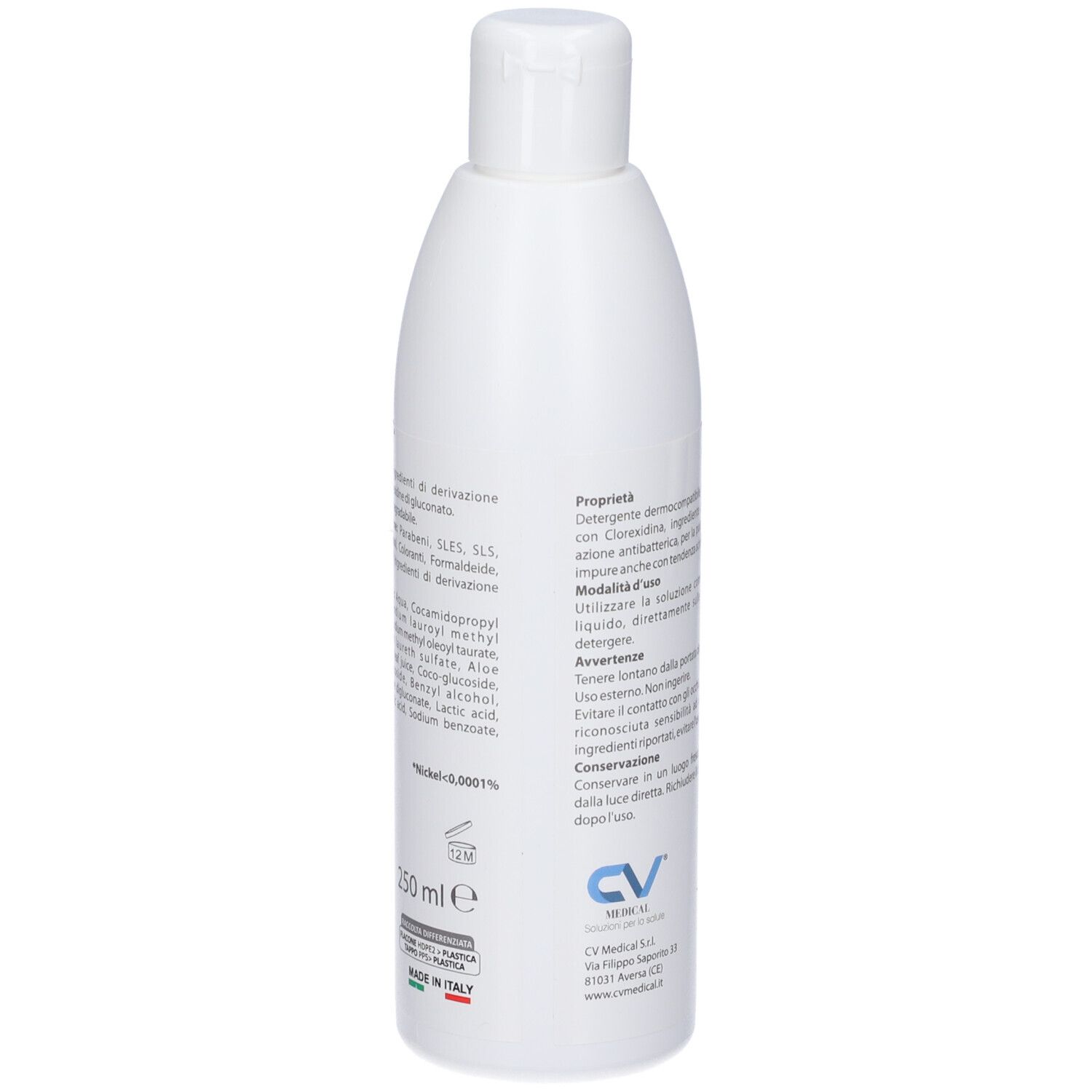 Retro del flacone bianco. Testo, ingredienti e 250 ml. Logo CV Medical.