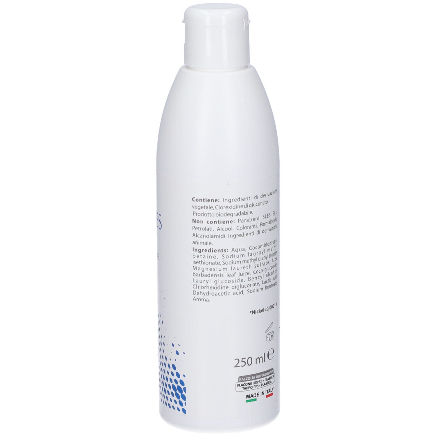 Retro del flacone bianco. Testo, ingredienti e 250 ml. Logo CV Medical.